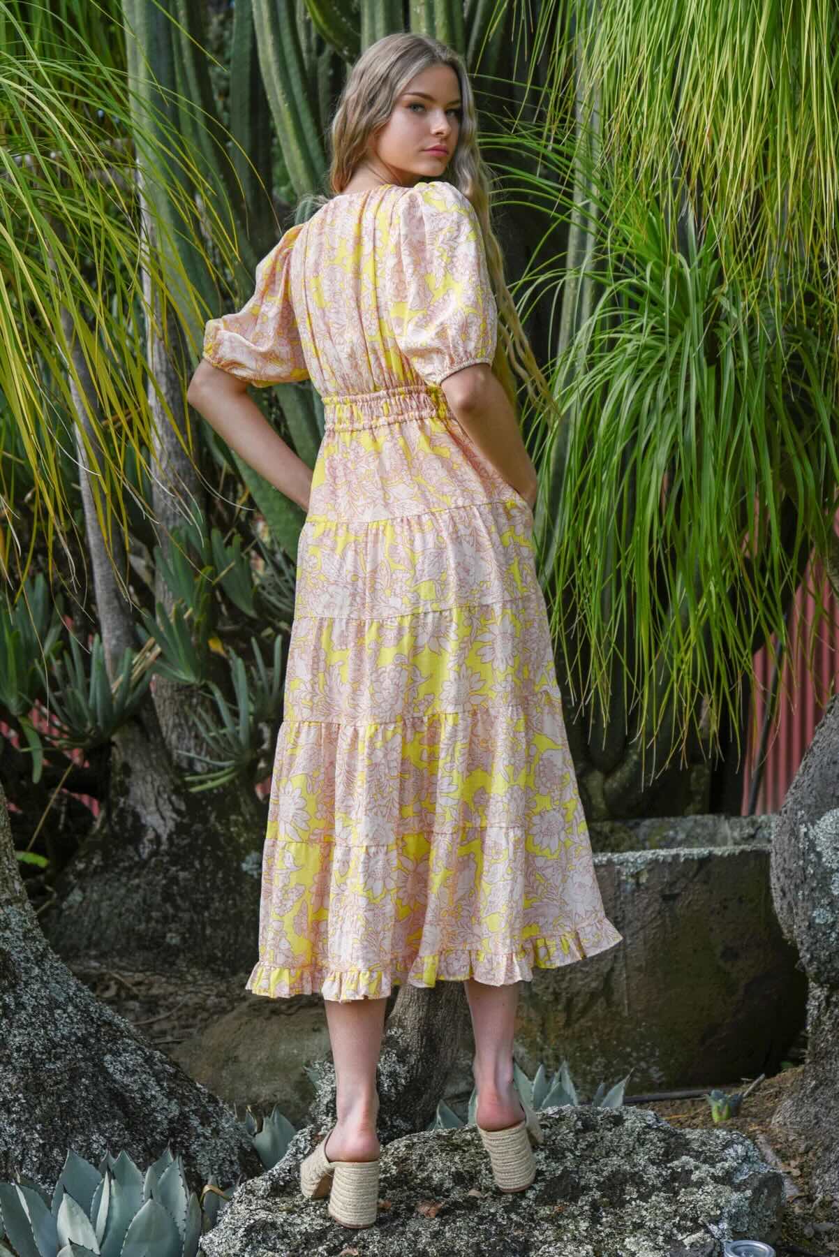 Ruche Around Dress - Blush & Yellow