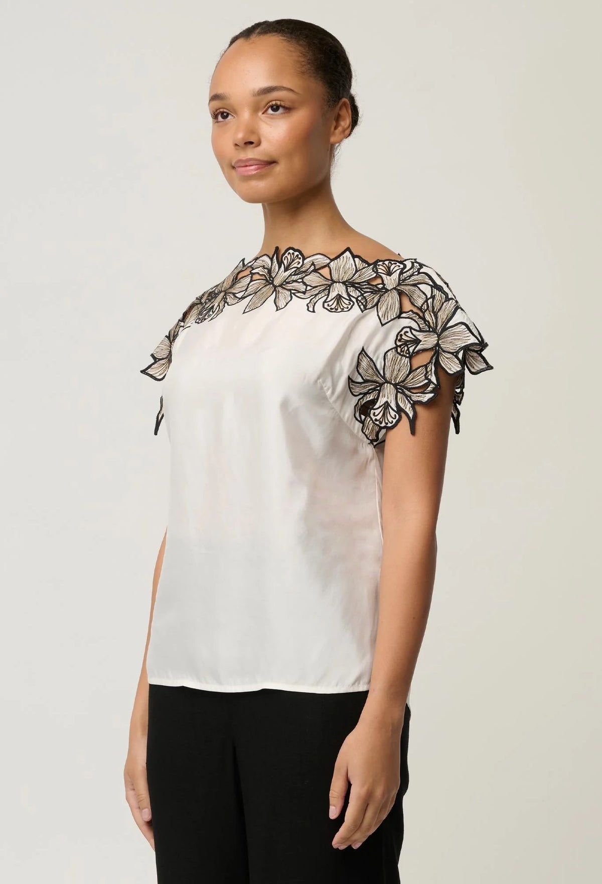 Eleanor Cupro Blend Embroidery Detail Wide Neck Top - Ivory