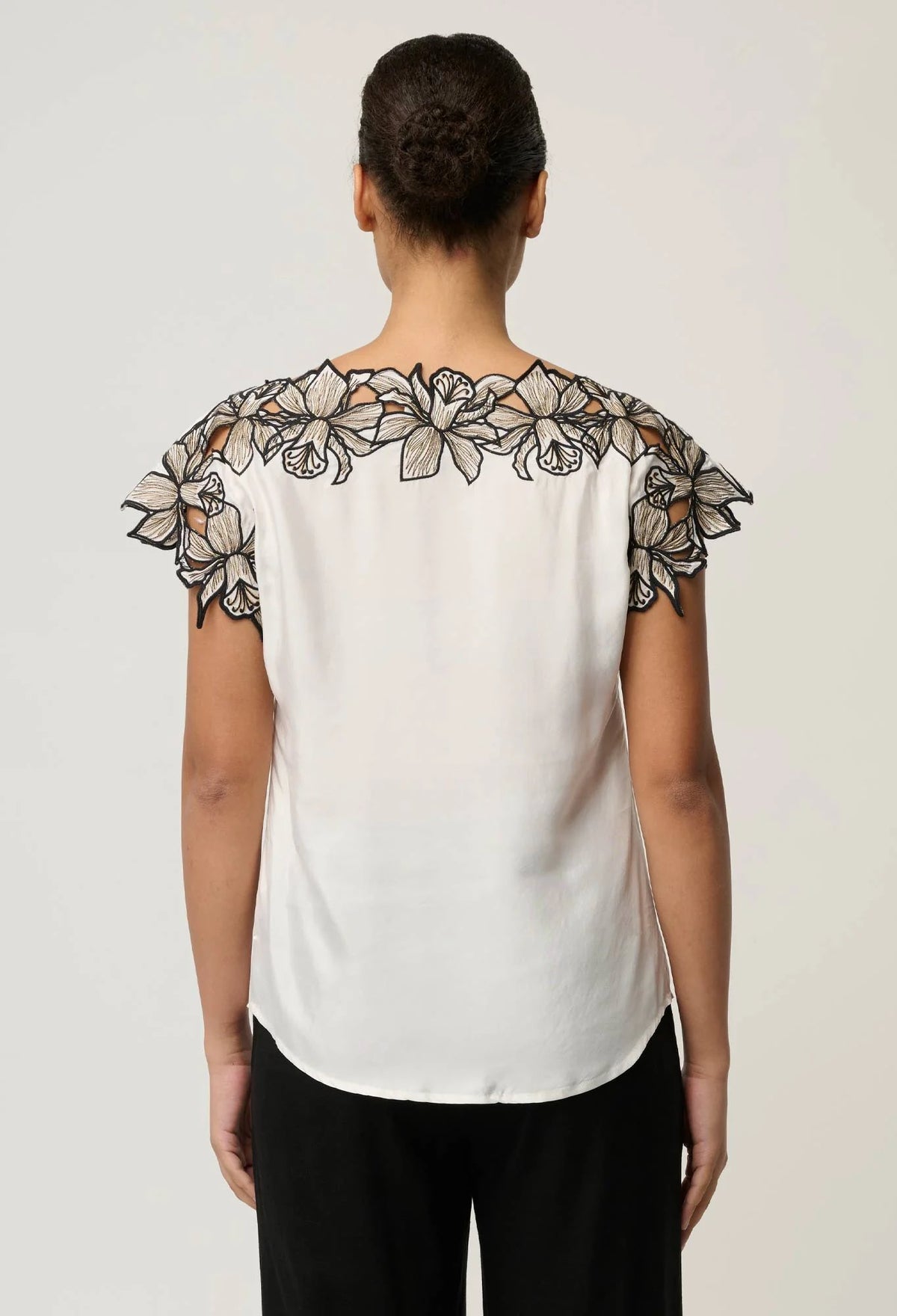 Eleanor Cupro Blend Embroidery Detail Wide Neck Top - Ivory