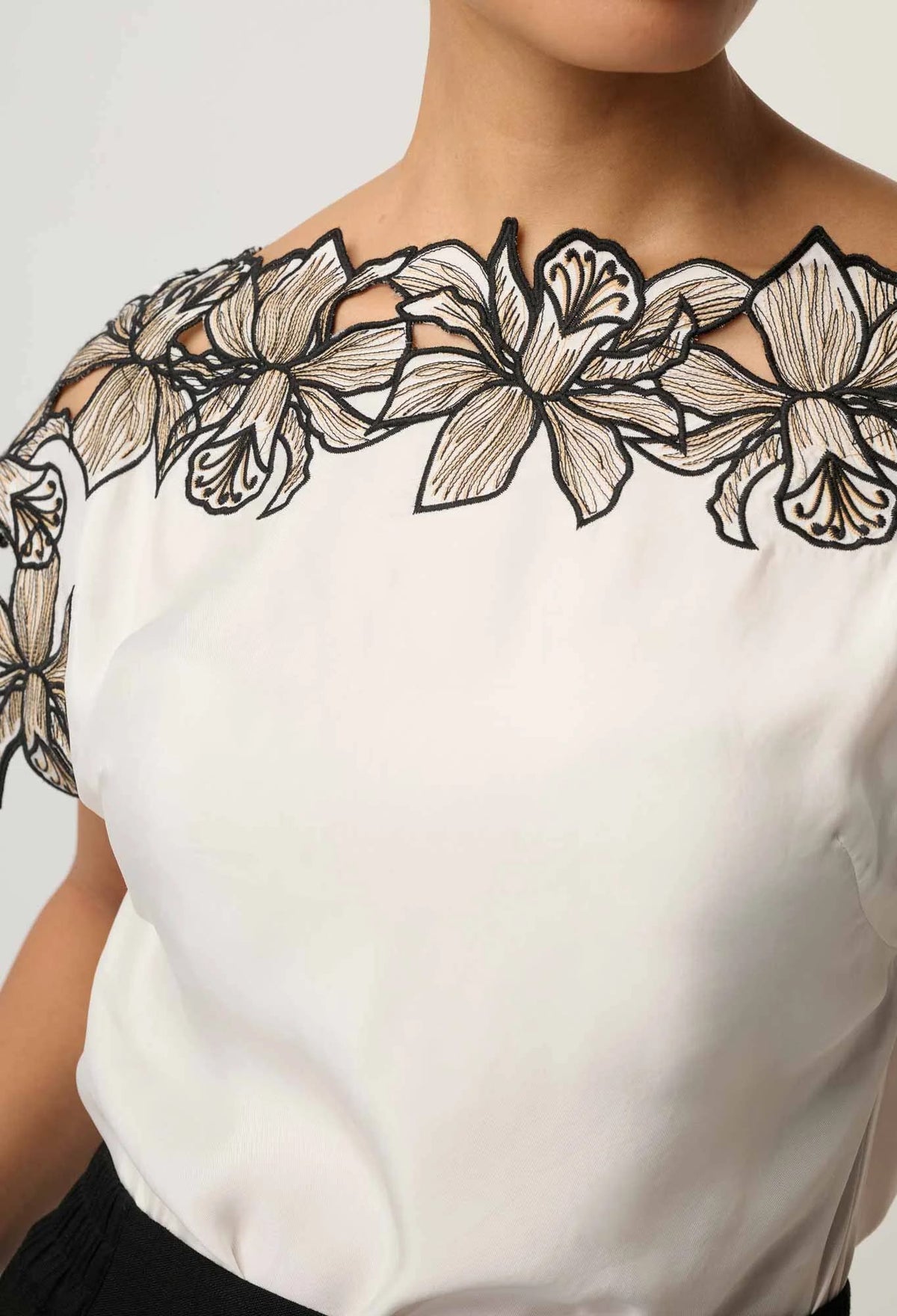 Eleanor Cupro Blend Embroidery Detail Wide Neck Top - Ivory