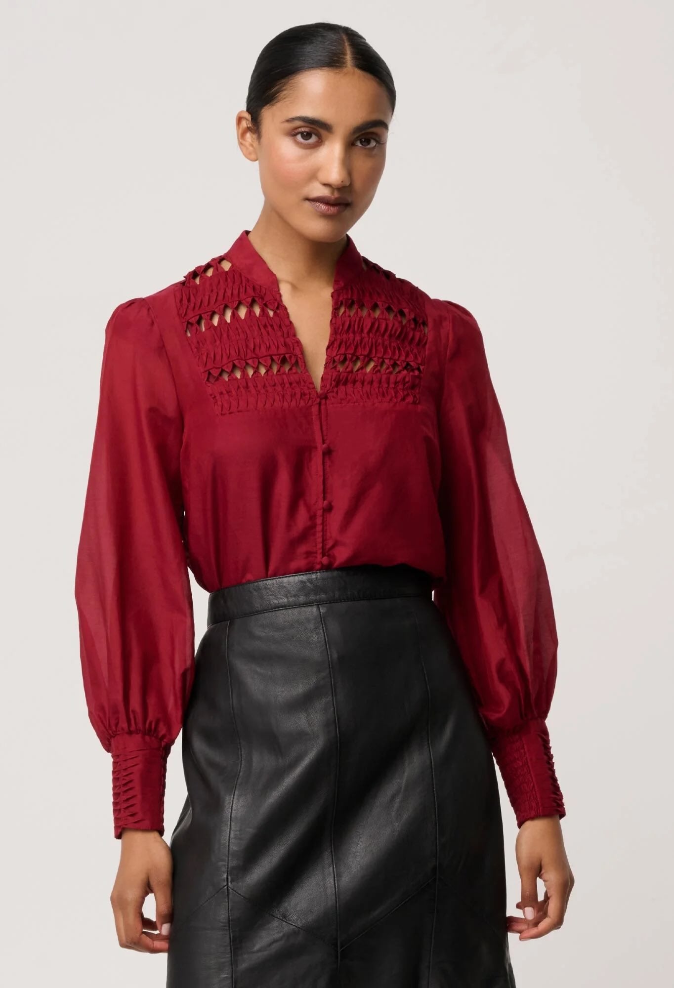 Gillian Cotton Silk Smocked Shirt in Ruby