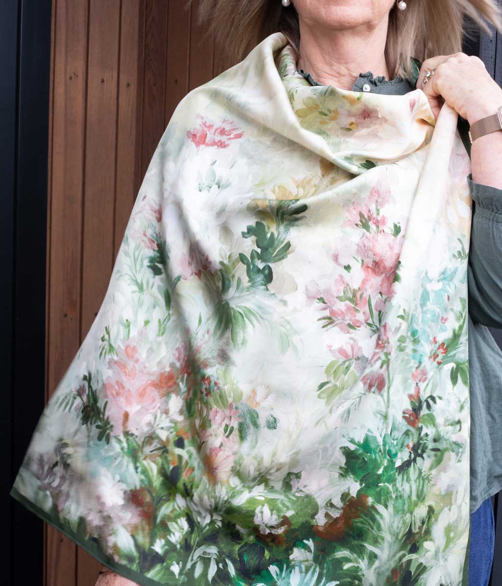 Giverny Silk Scarf 90x90 - Sage Green Floral