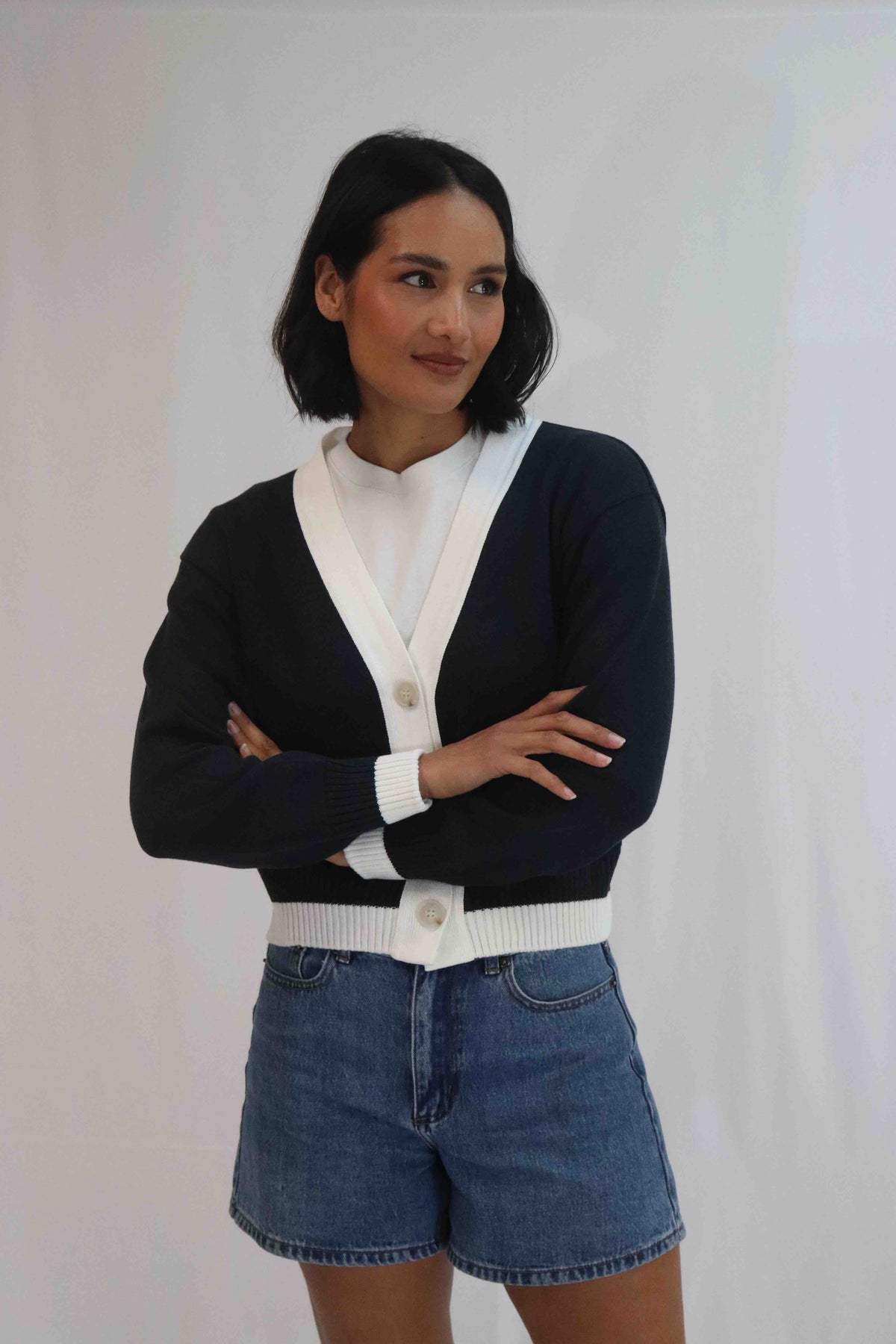 Contrast Cardi - Navy/White