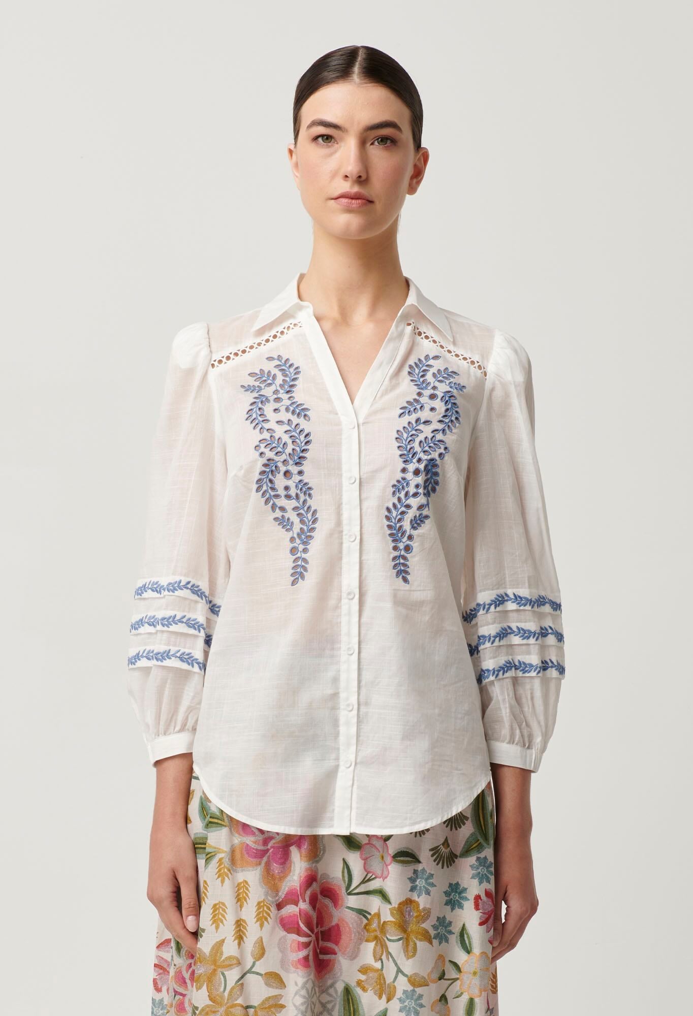 Fleurine Embroidered Cotton Shirt in Milk