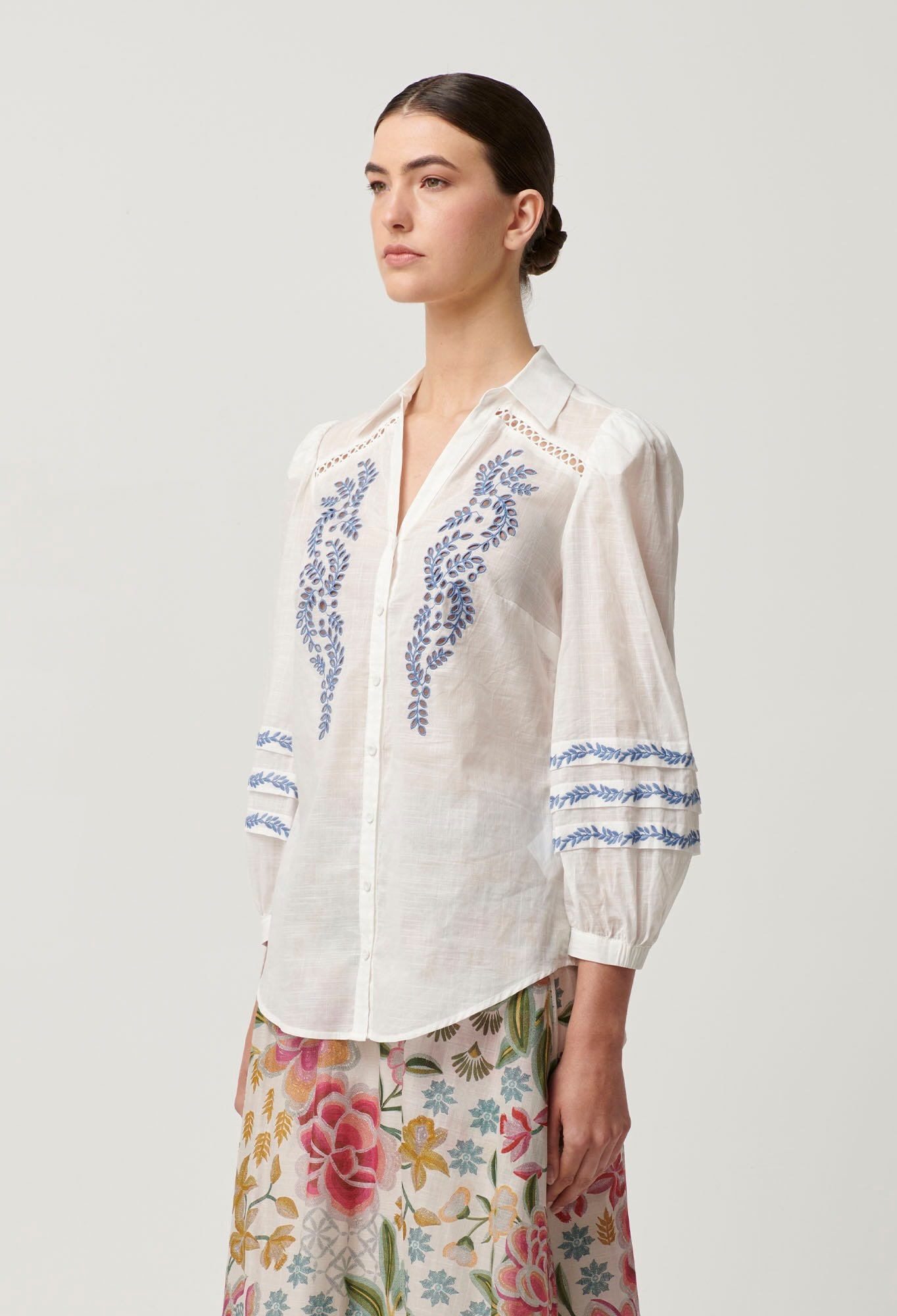 Fleurine Embroidered Cotton Shirt in Milk