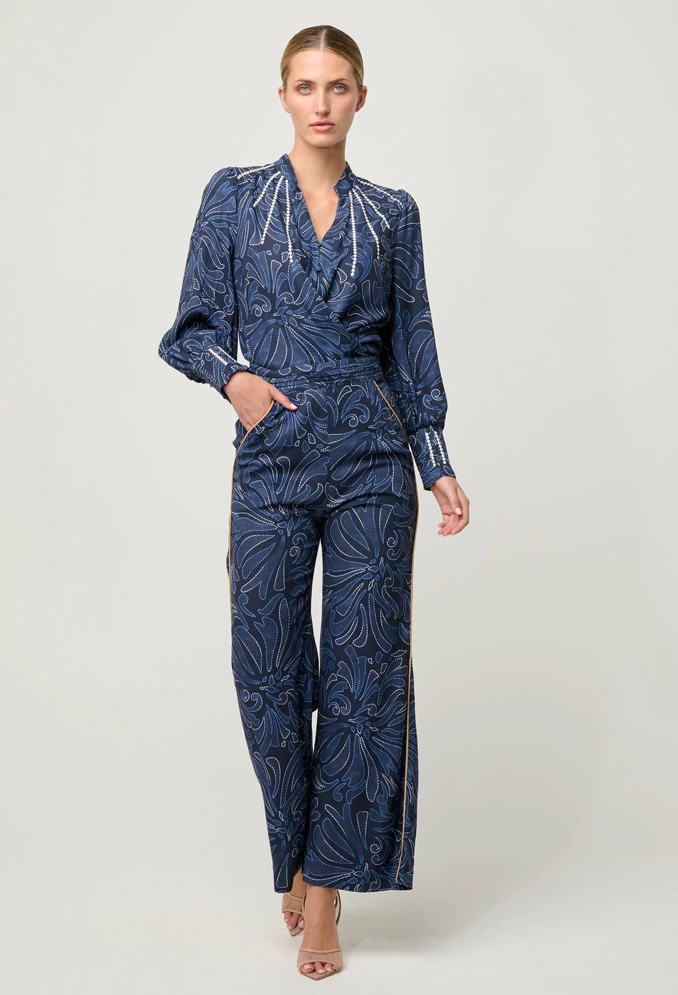 Adela Embroidered Print Linen Viscose Blouse