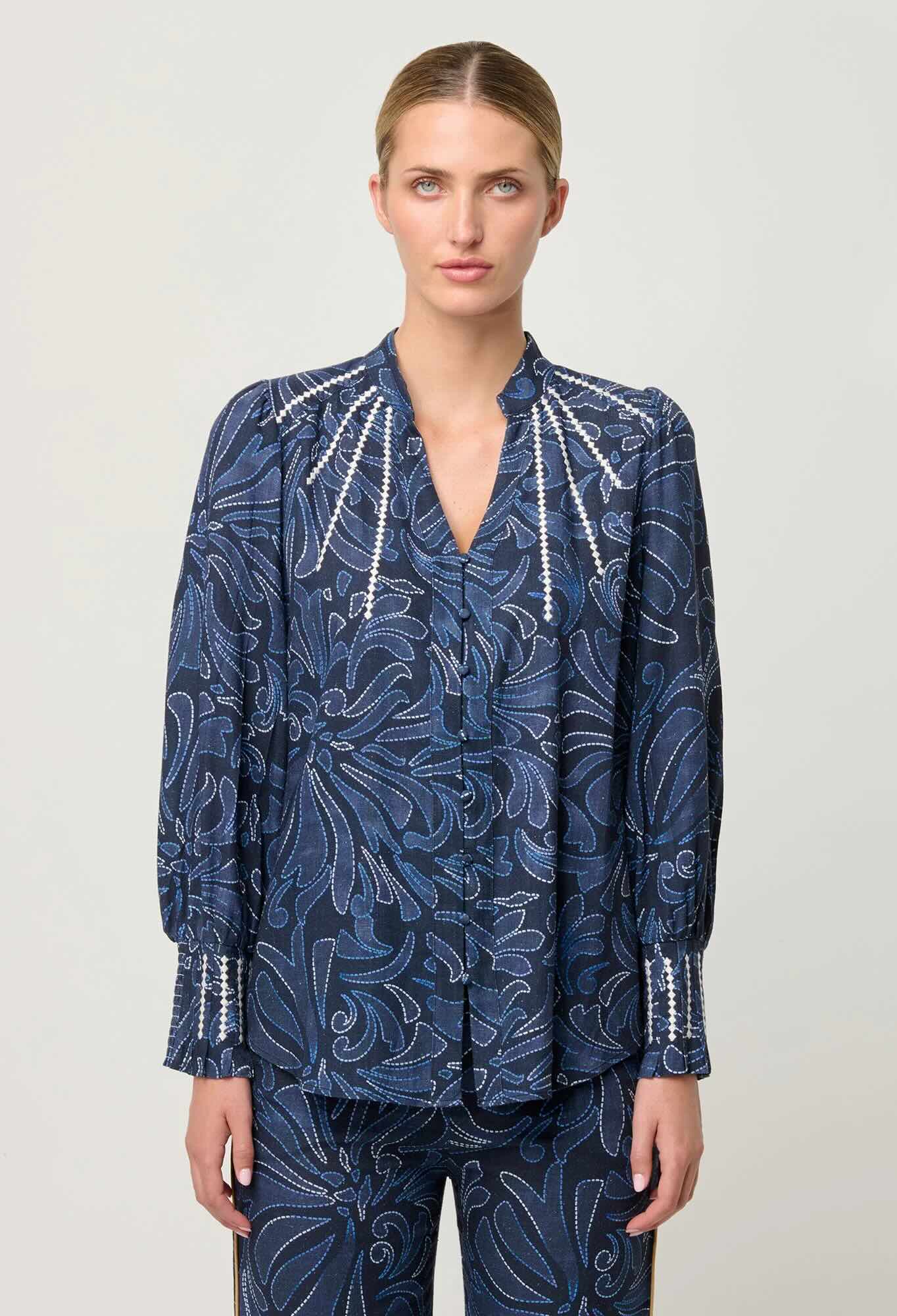 Adela Embroidered Print Linen Viscose Blouse