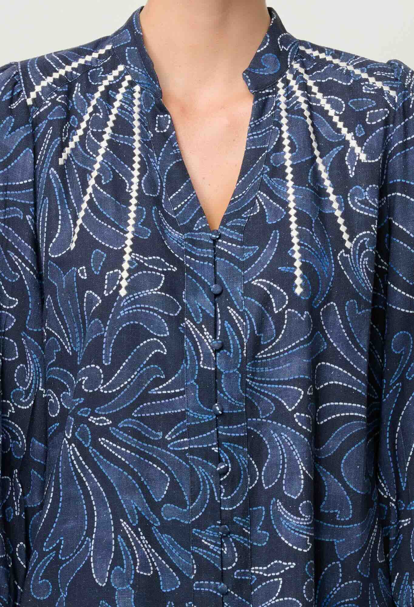 Adela Embroidered Print Linen Viscose Blouse