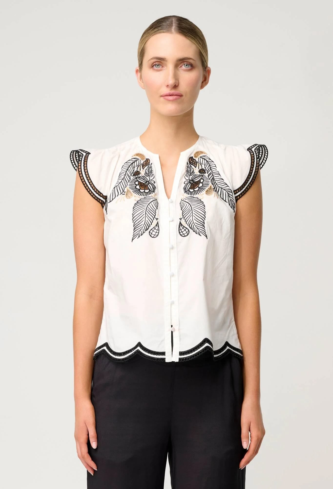 Aseel Cotton Flutter Sleeve Embroidered Top In Ivory