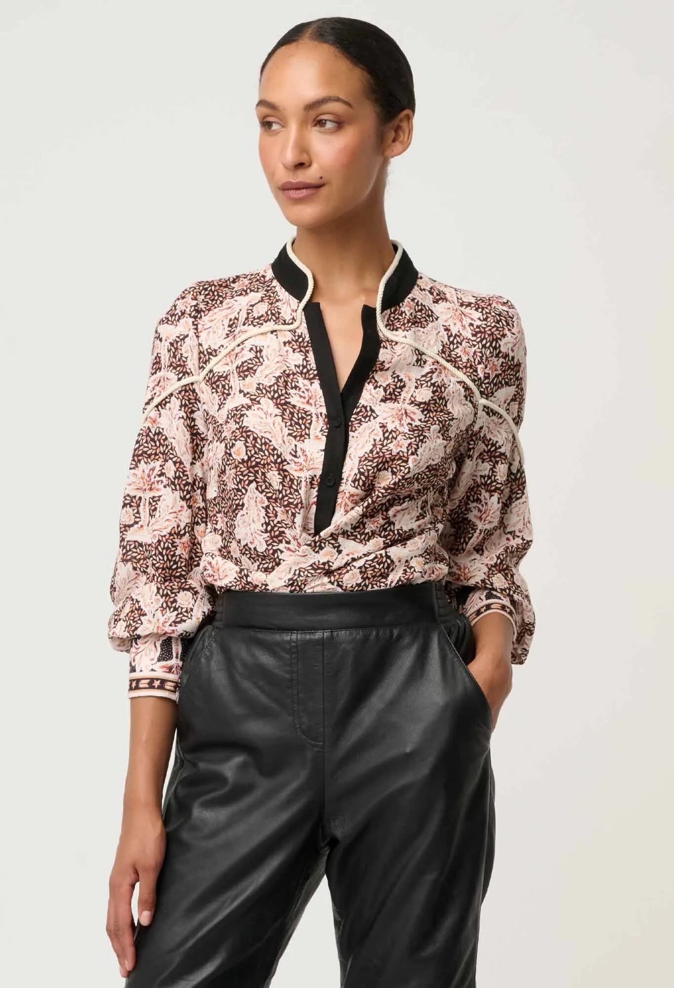 Harley Linen Viscose Rope Trim Shirt In Russet Palm