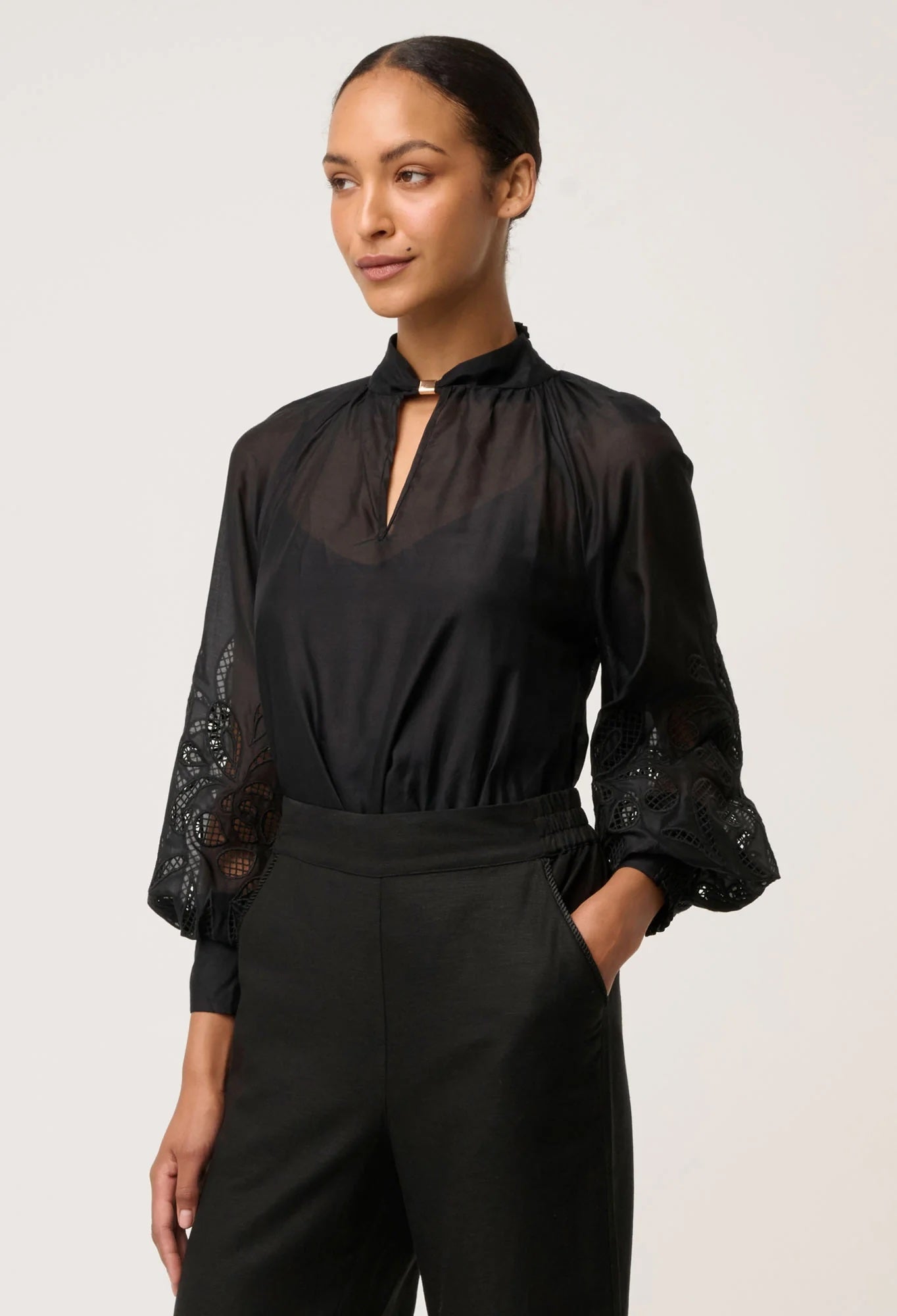 Simona Cotton Silk Embroidered Blouse In Black