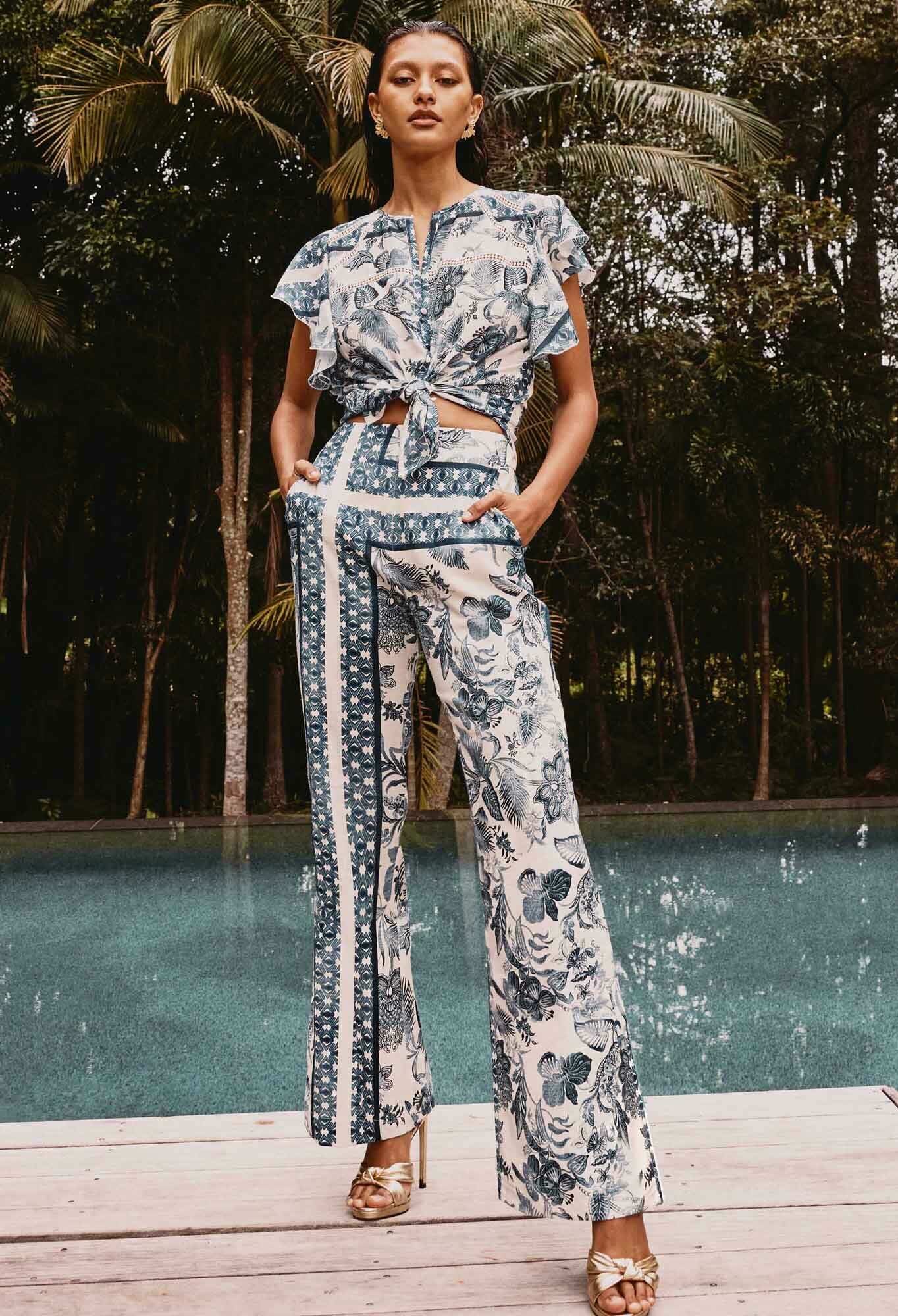 Bahia Stretch Linen Pant in Ink Flé Print