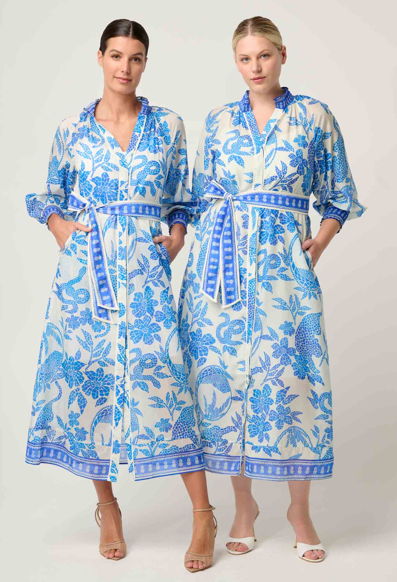 Carmen Cotton Silk Maxi Dress in Azure Mosaic