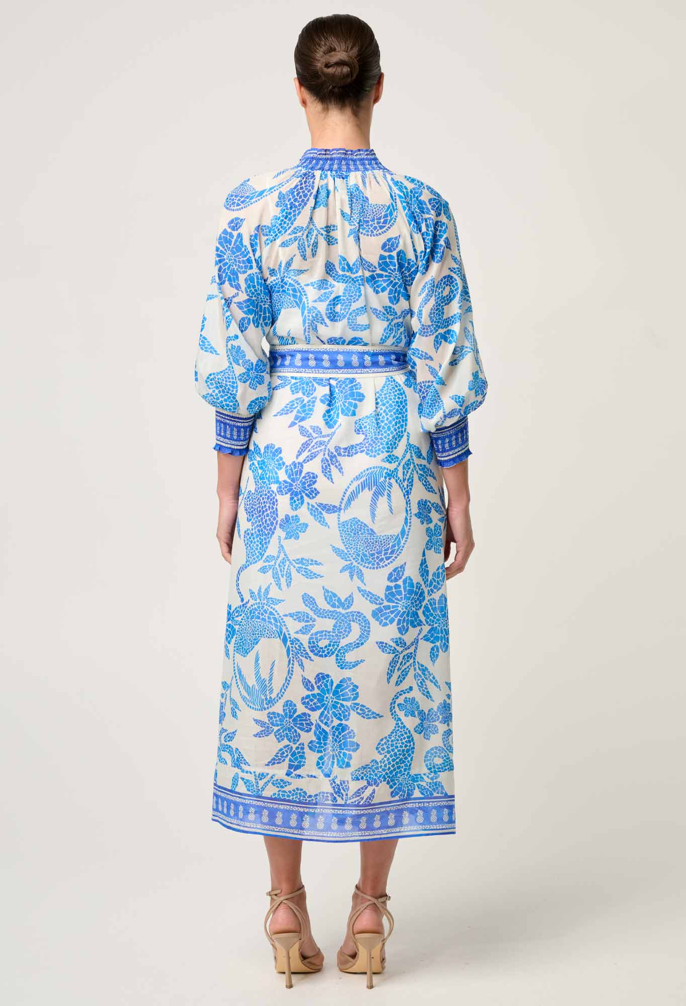 Carmen Cotton Silk Maxi Dress in Azure Mosaic