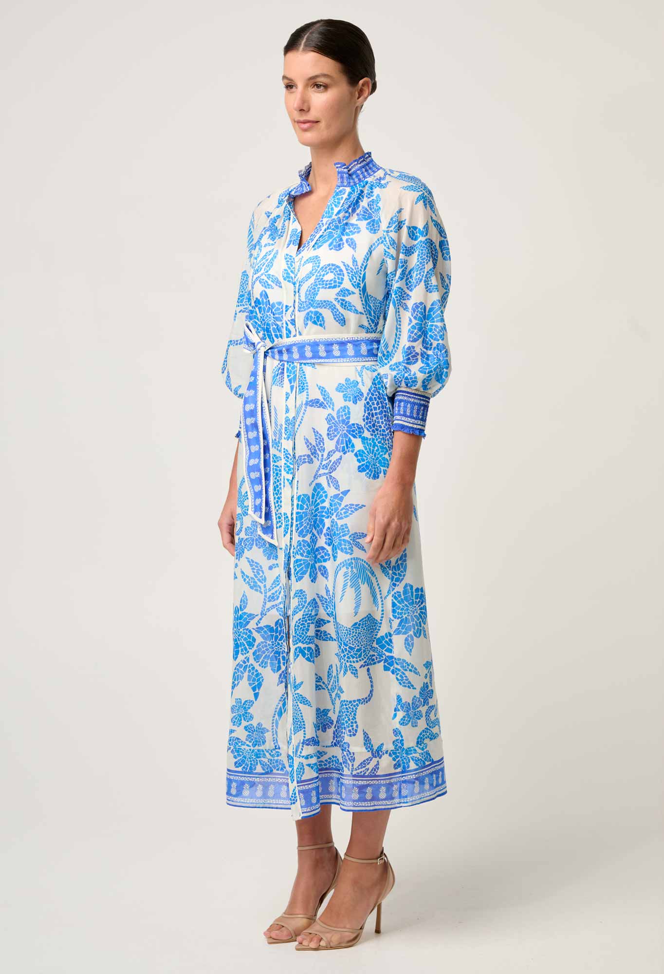 Carmen Cotton Silk Maxi Dress in Azure Mosaic