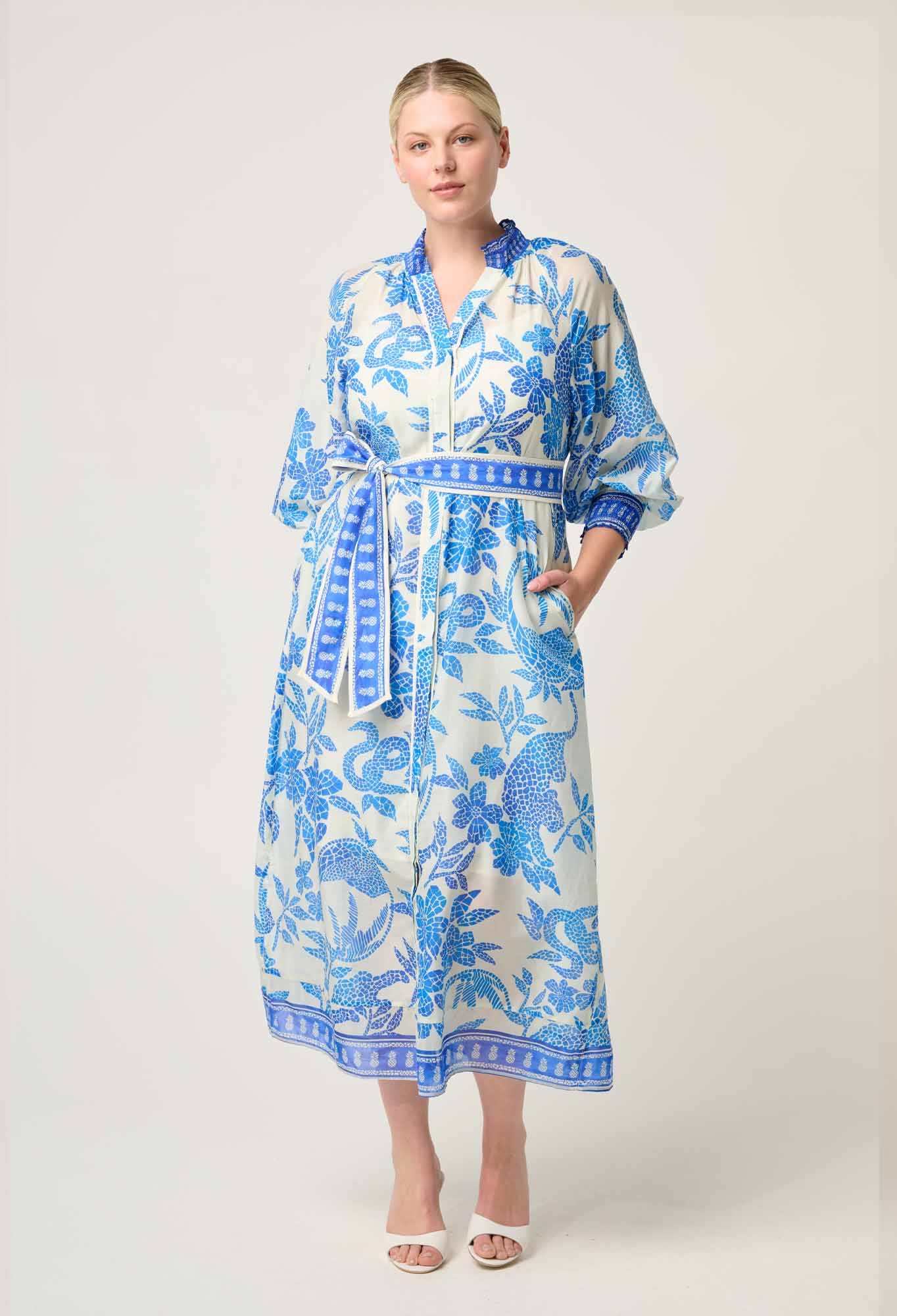 Carmen Cotton Silk Maxi Dress in Azure Mosaic