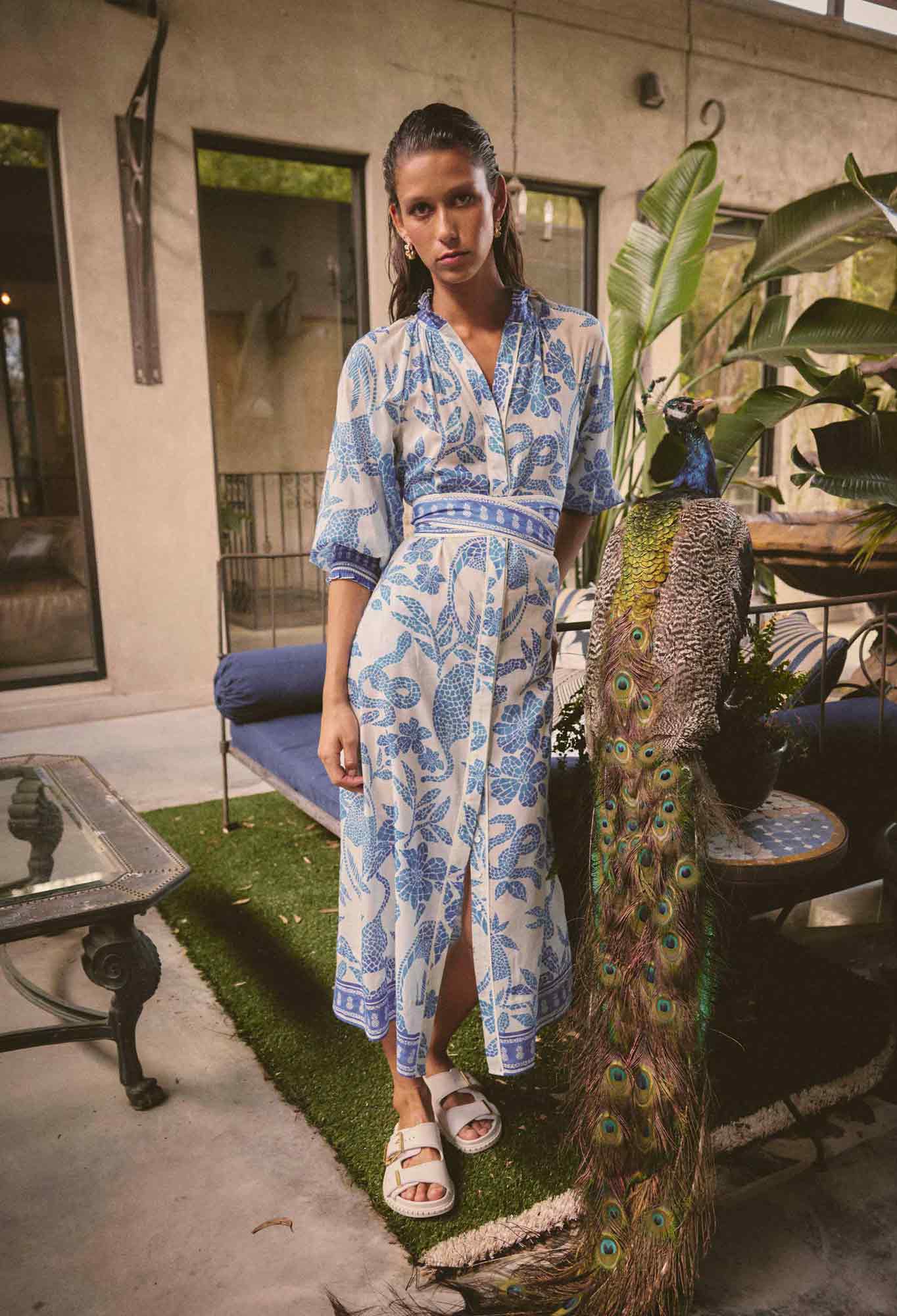 Carmen Cotton Silk Maxi Dress in Azure Mosaic