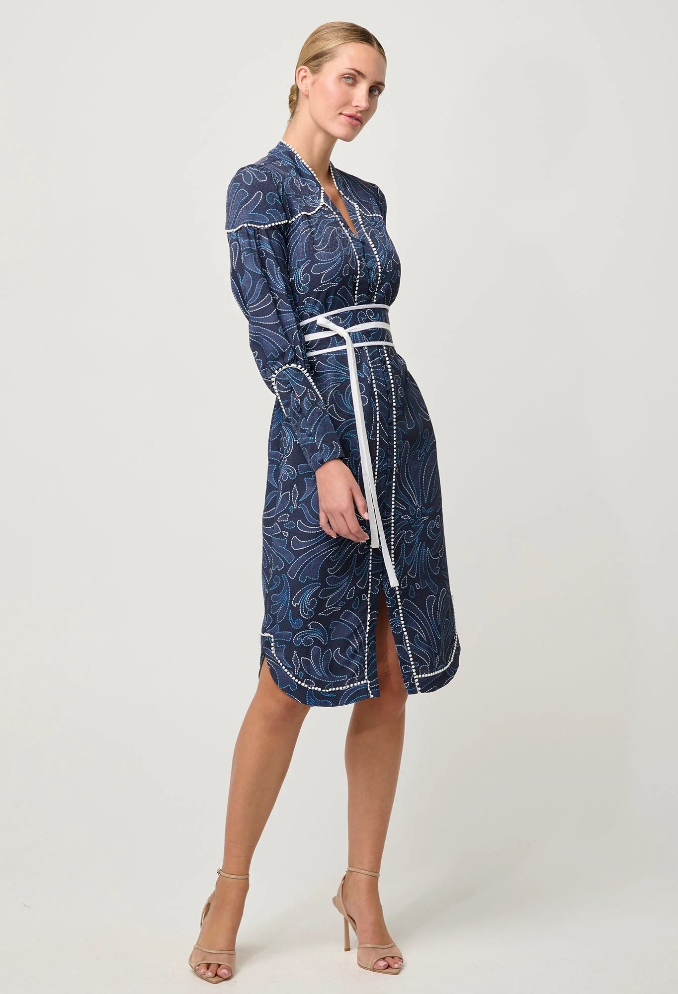 Adela Contrast Lace Trim Viscose Dobby Curve Hem Dress