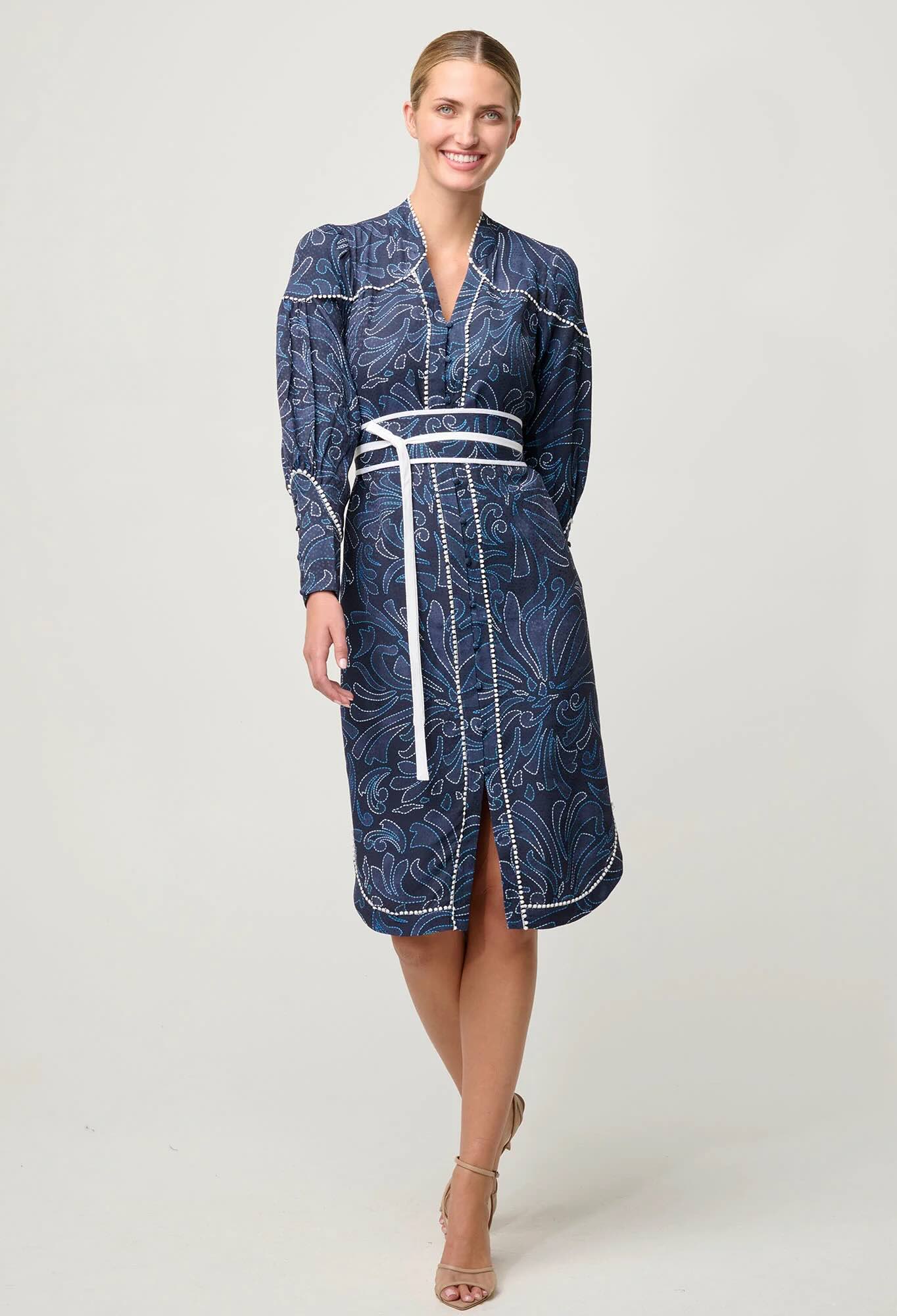Adela Contrast Lace Trim Viscose Dobby Curve Hem Dress