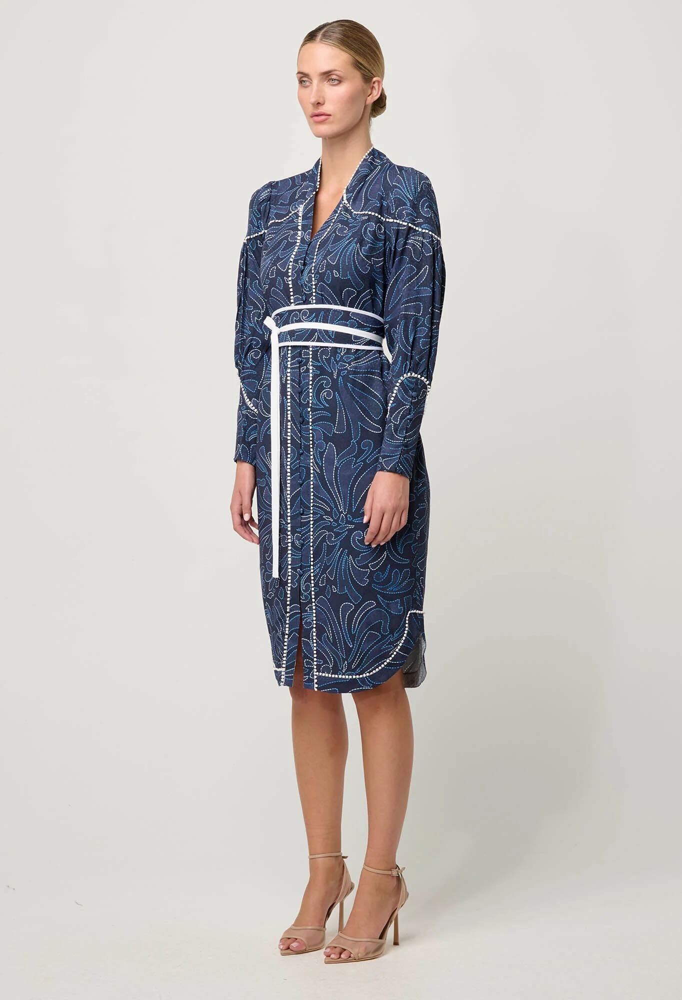 Adela Contrast Lace Trim Viscose Dobby Curve Hem Dress