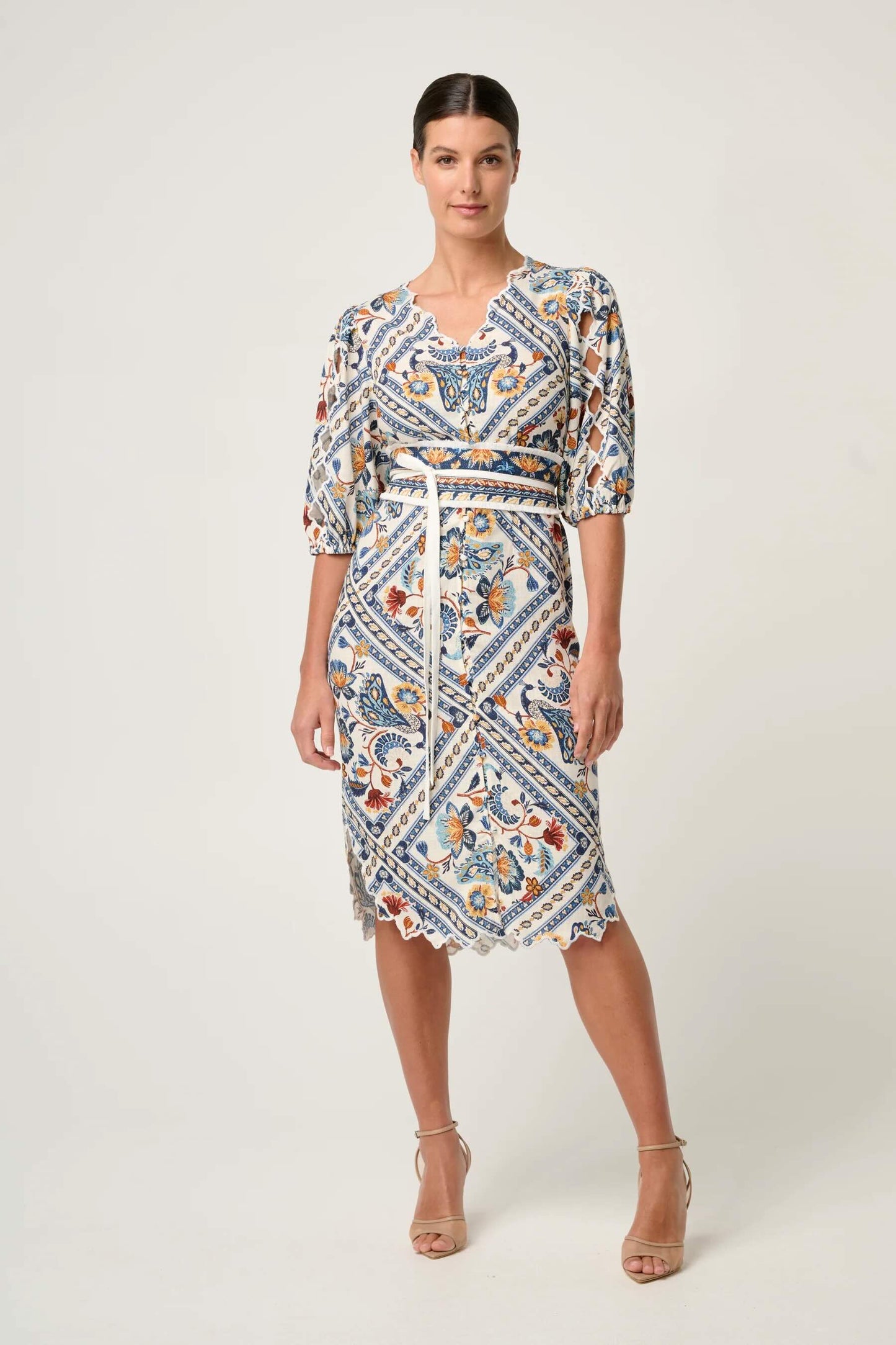 Theia Viscose Scallop Embroidered Dress in Petinos Floros
