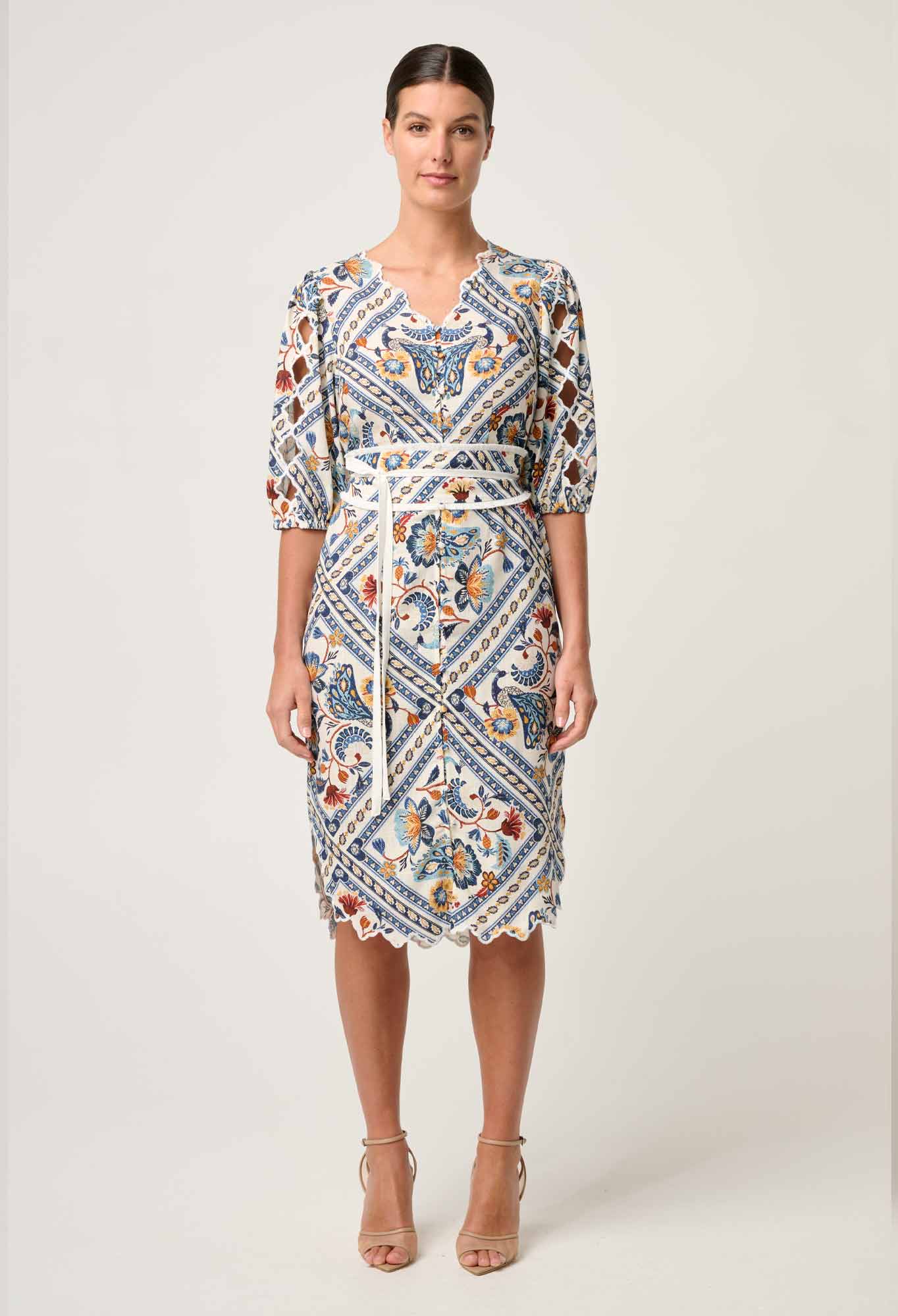 Theia Viscose Scallop Embroidered Dress in Petinos Floros