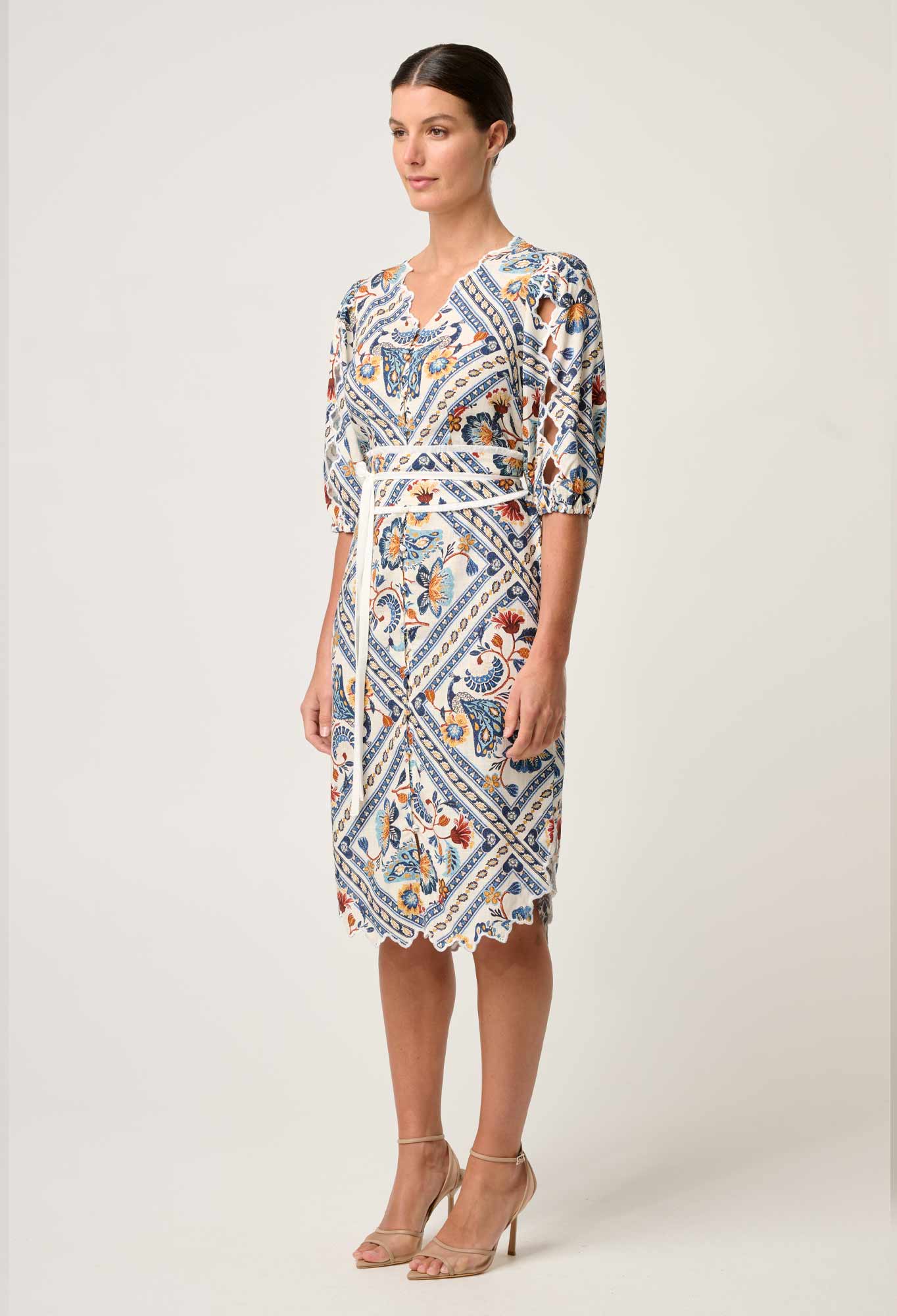 Theia Viscose Scallop Embroidered Dress in Petinos Floros