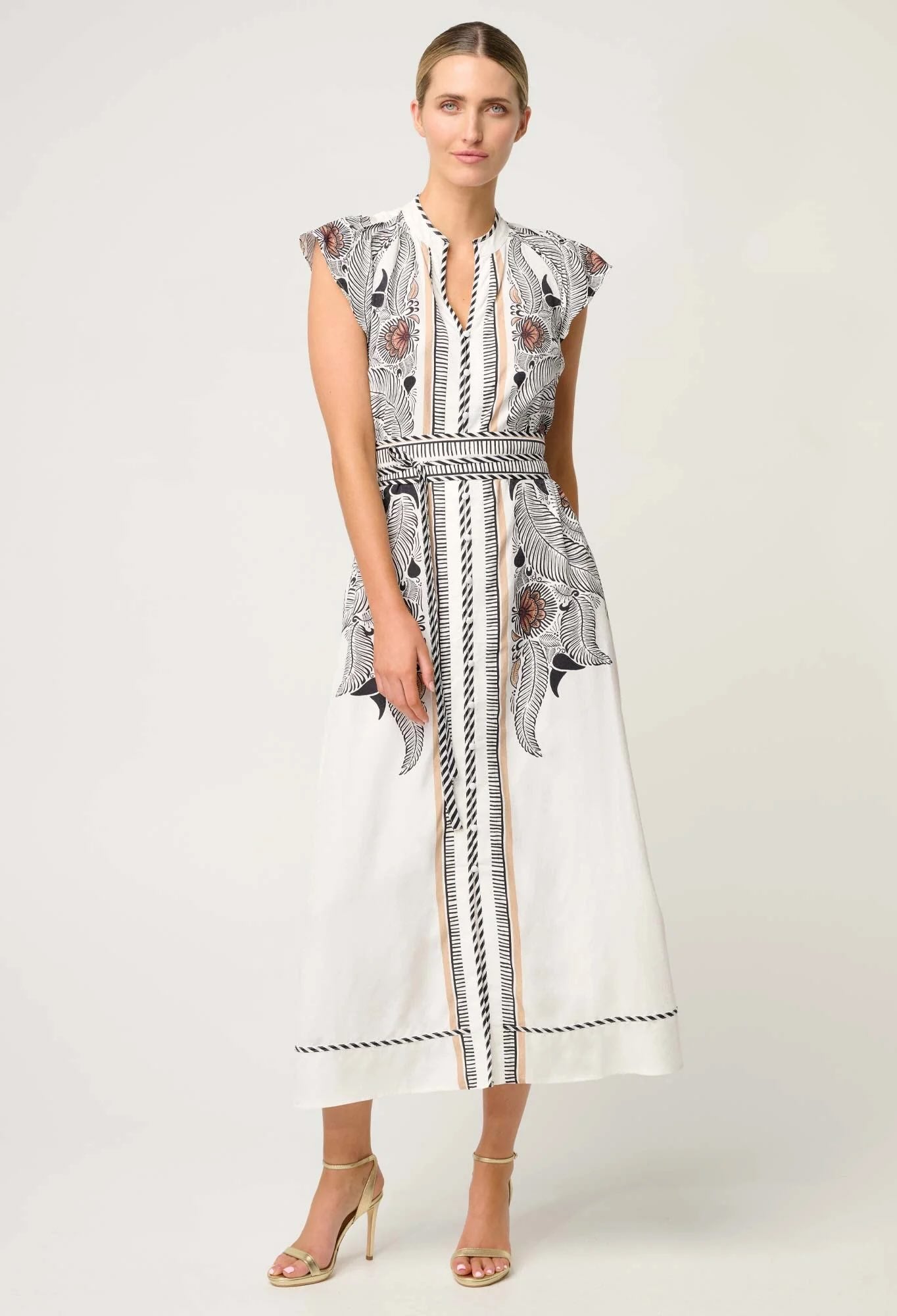 Malika Viscose Dobby Flutter Sleeve Dress In Ivory Casablanca