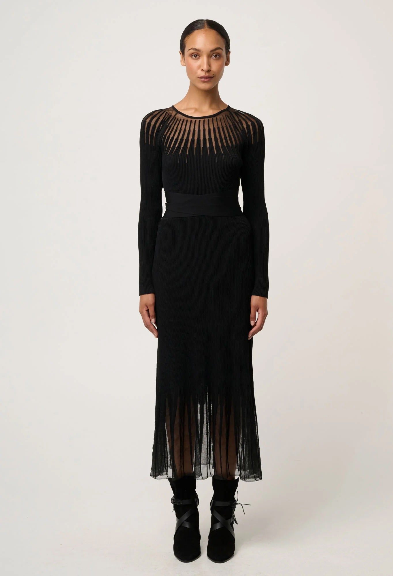 Rhiannon Viscose Nylon Sheer Knit Dress In Black