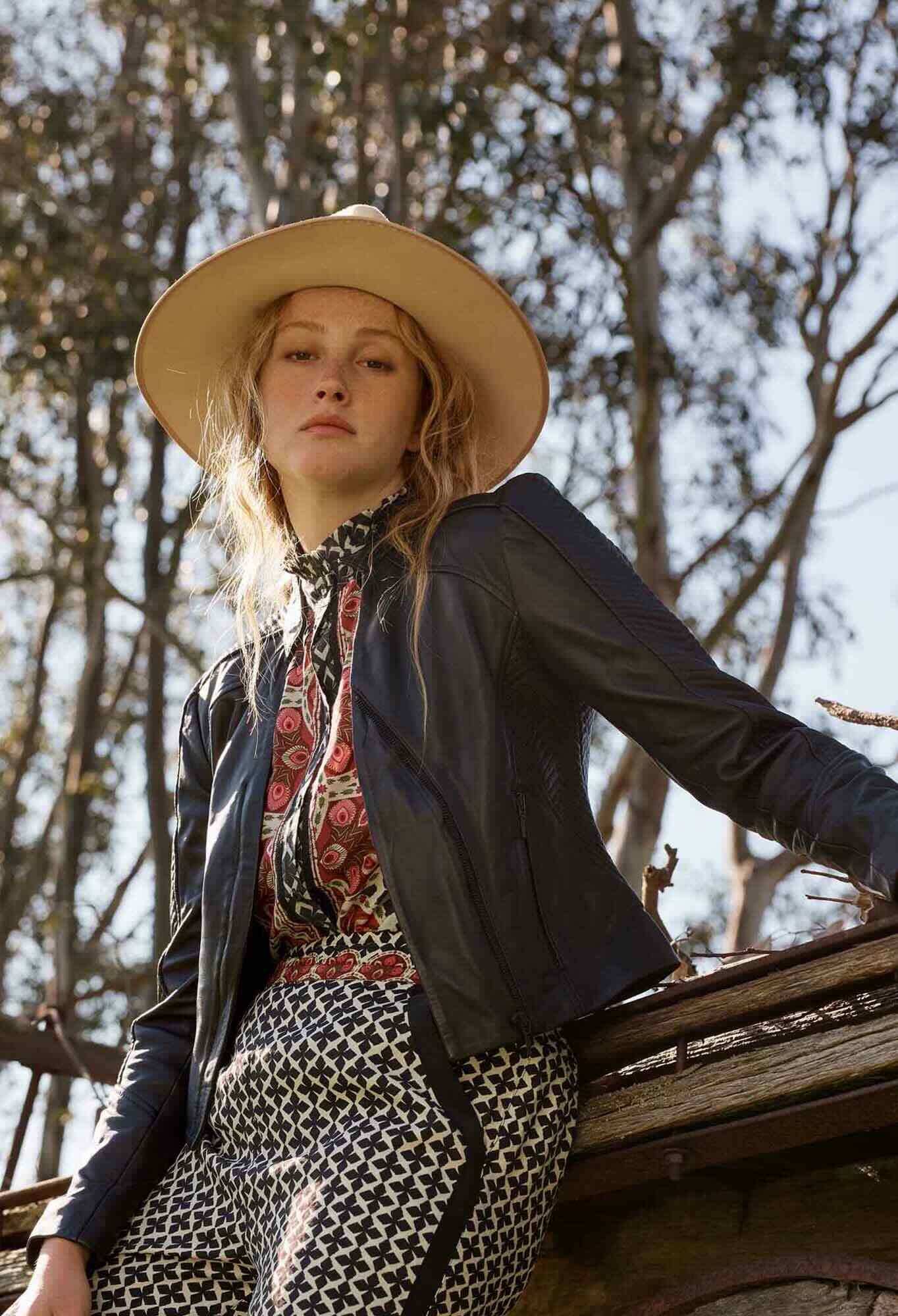 Blaire Leather Herringbone Stitch Jacket in Black