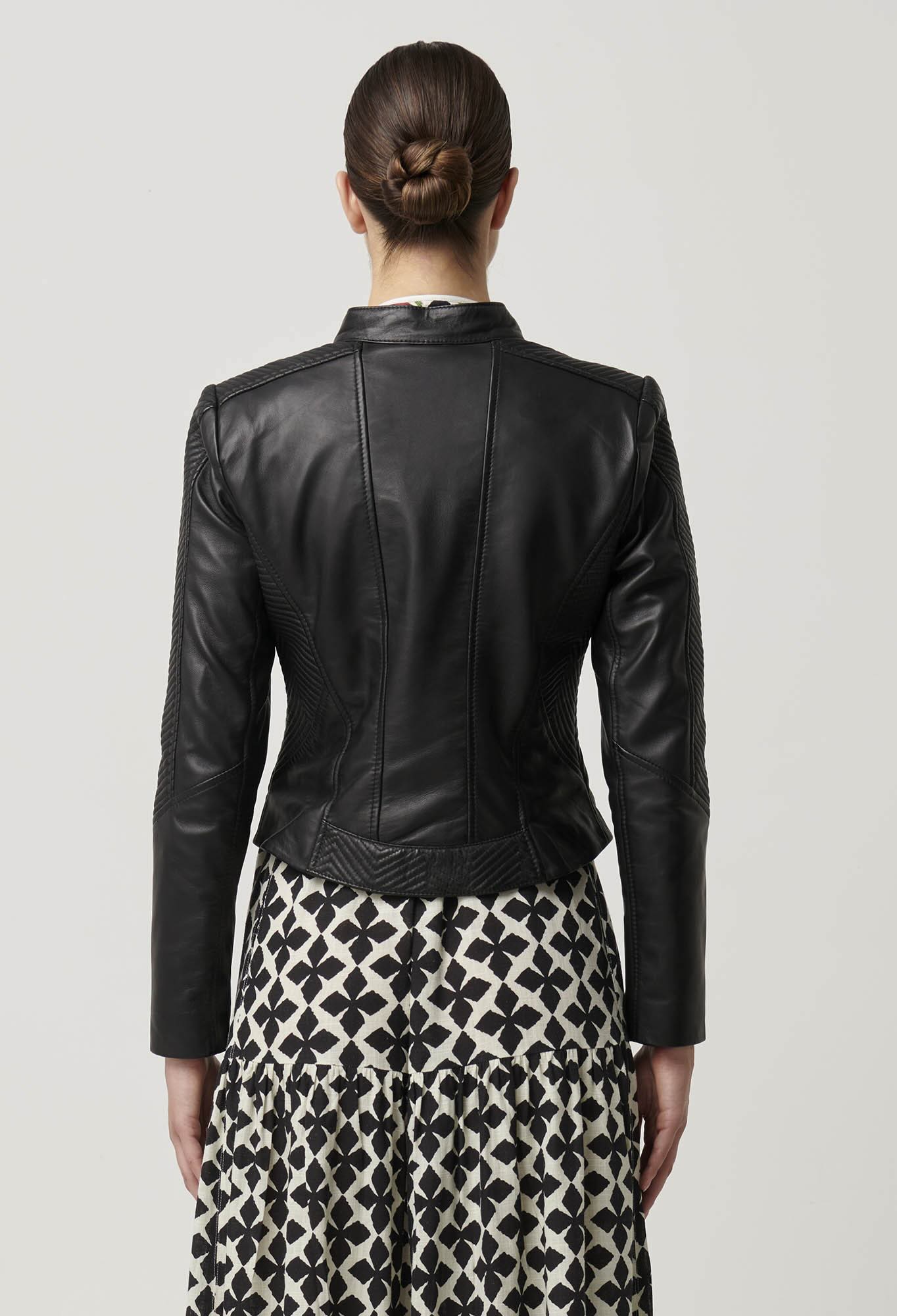 Blaire Leather Herringbone Stitch Jacket in Black