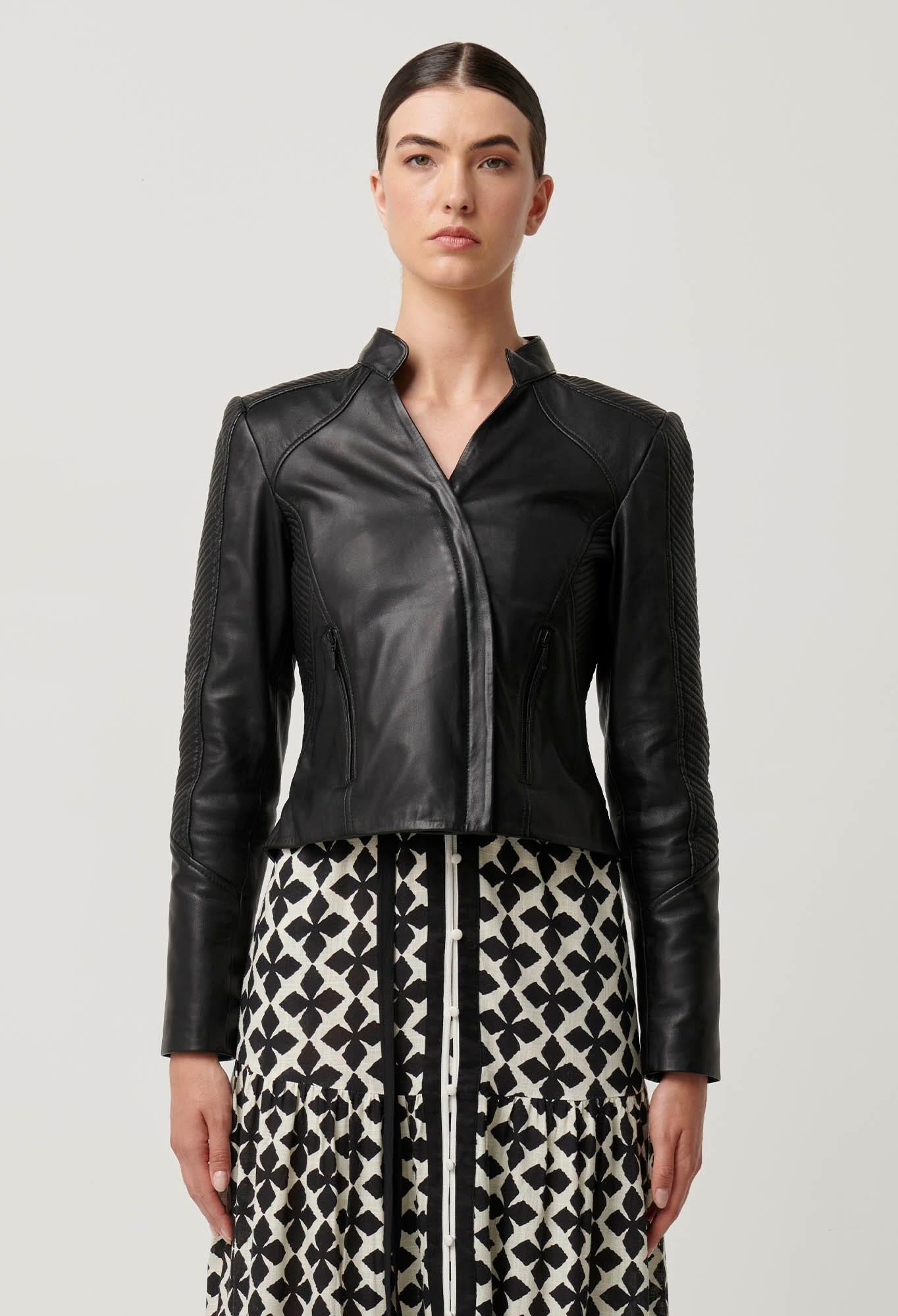 Blaire Leather Herringbone Stitch Jacket in Black