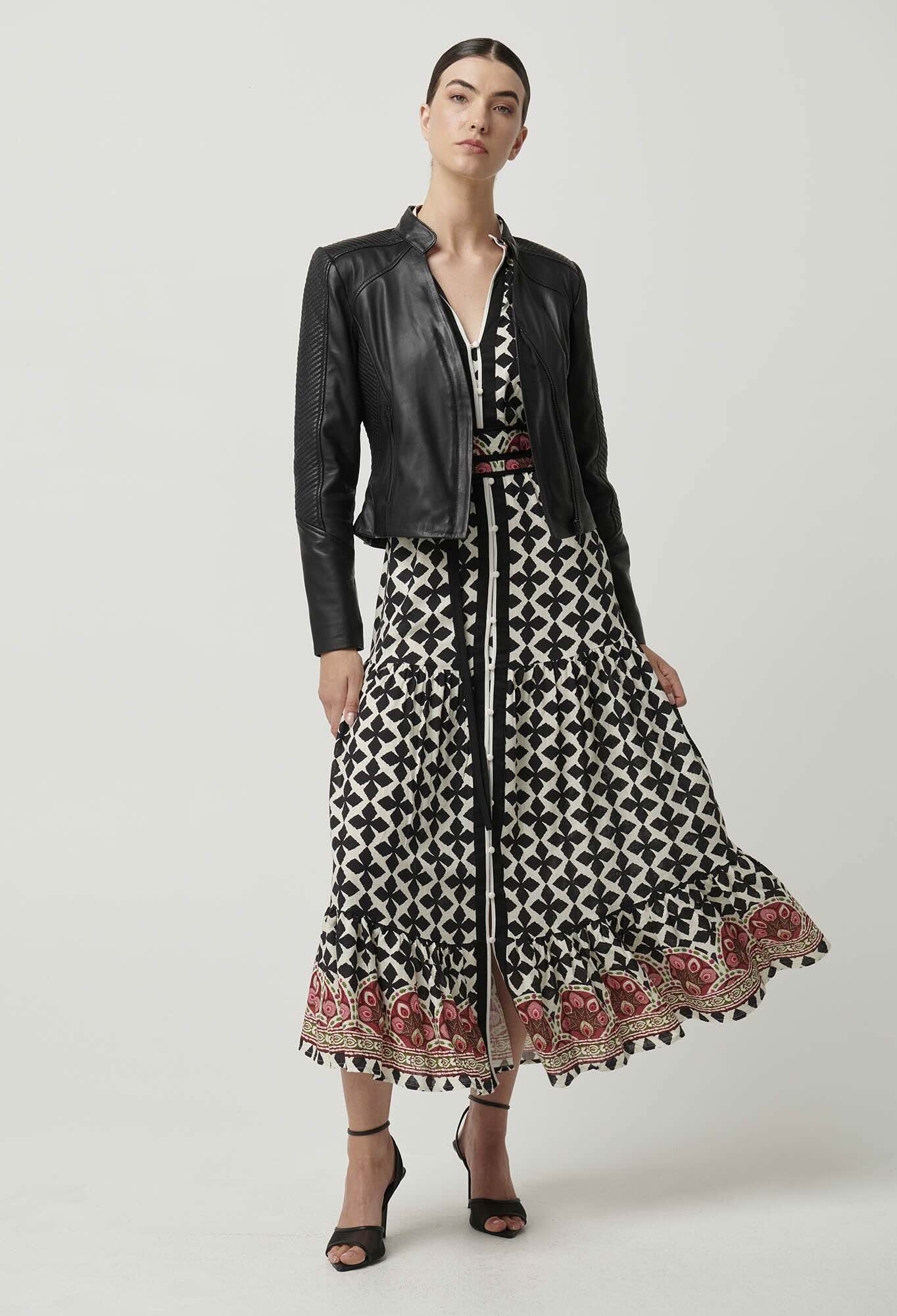 Blaire Leather Herringbone Stitch Jacket in Black