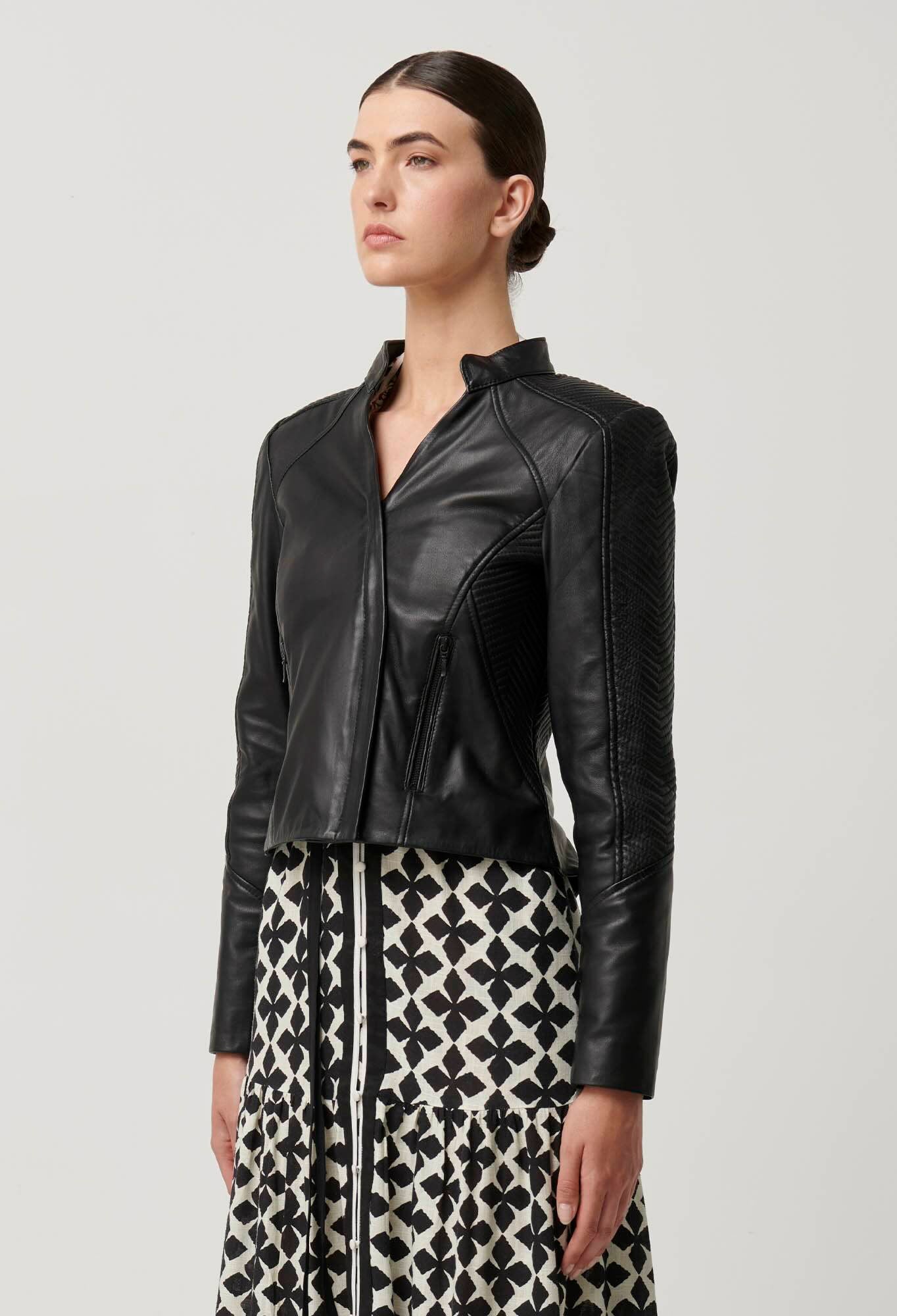 Blaire Leather Herringbone Stitch Jacket in Black