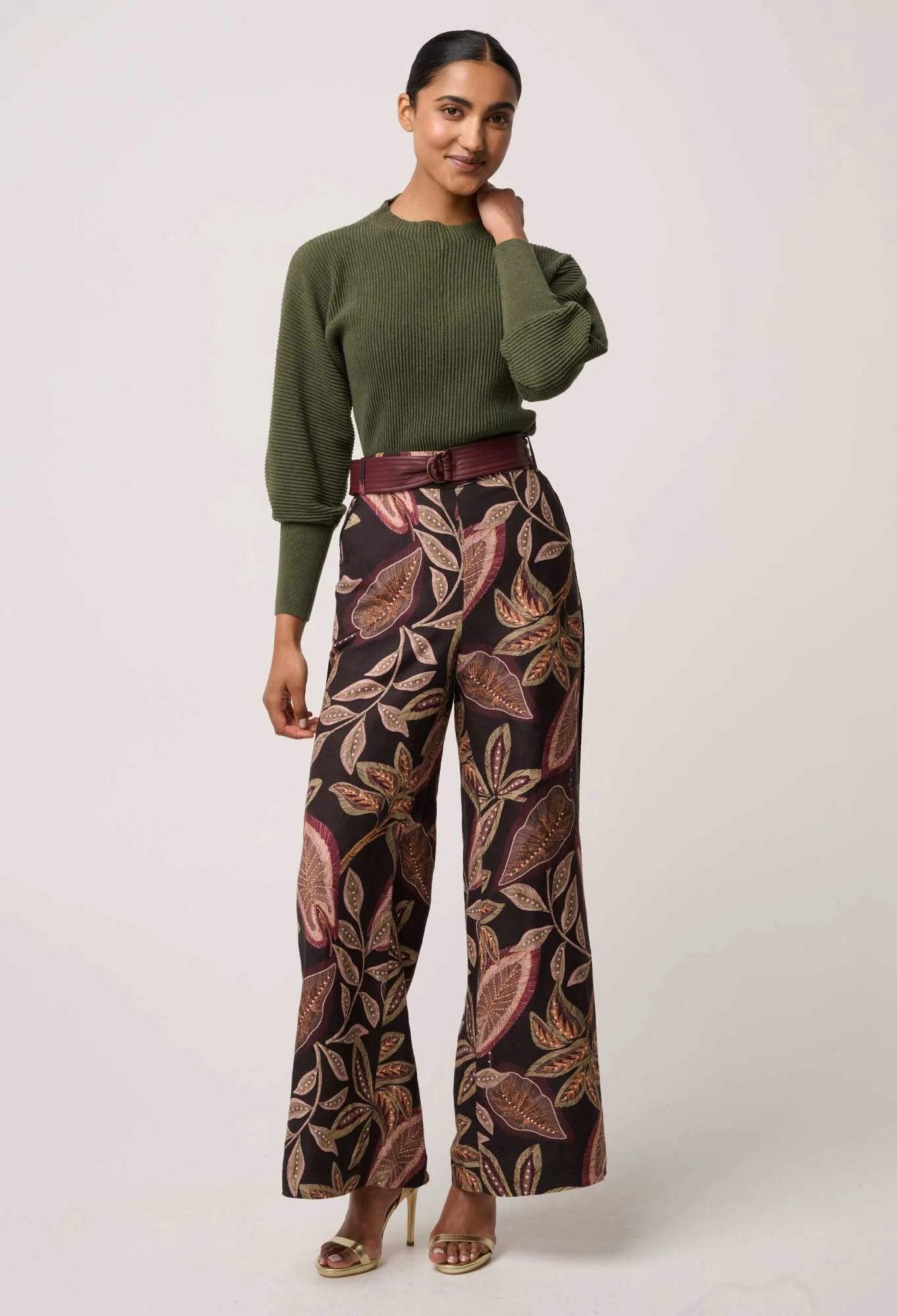 Roselle Merino wool Blend Ribbed Knit Top in Winter Moss