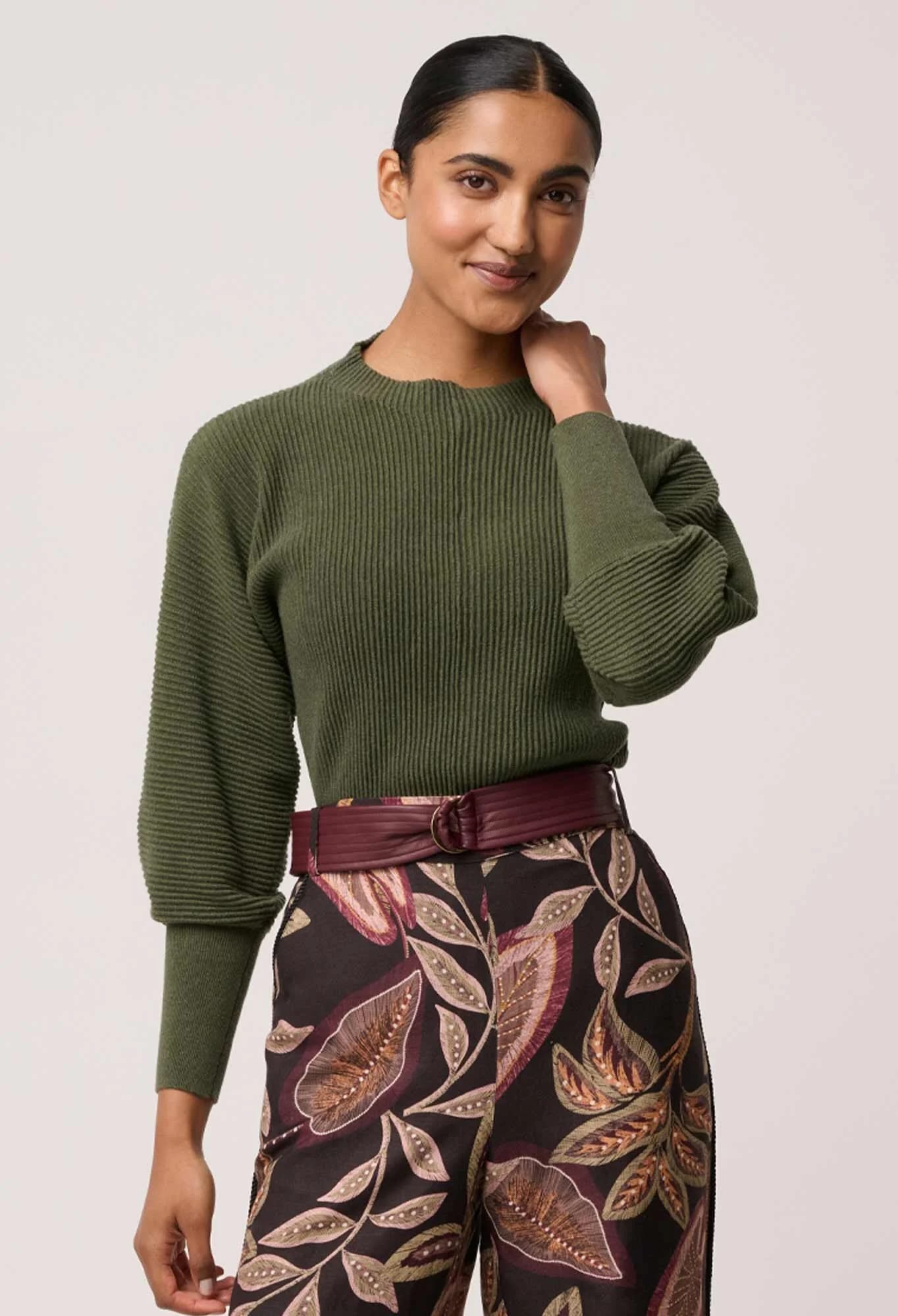Roselle Merino wool Blend Ribbed Knit Top in Winter Moss