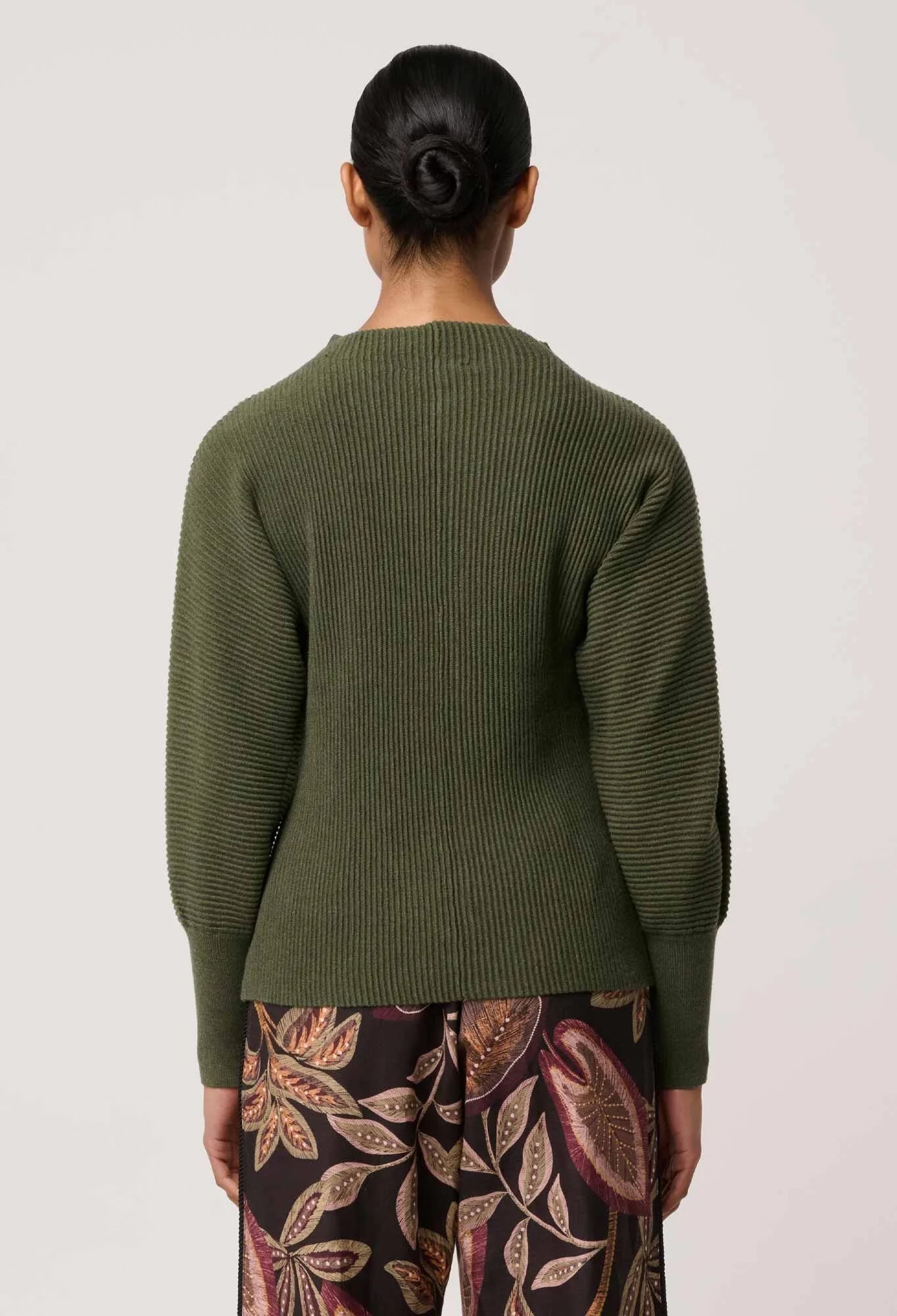 Roselle Merino wool Blend Ribbed Knit Top in Winter Moss