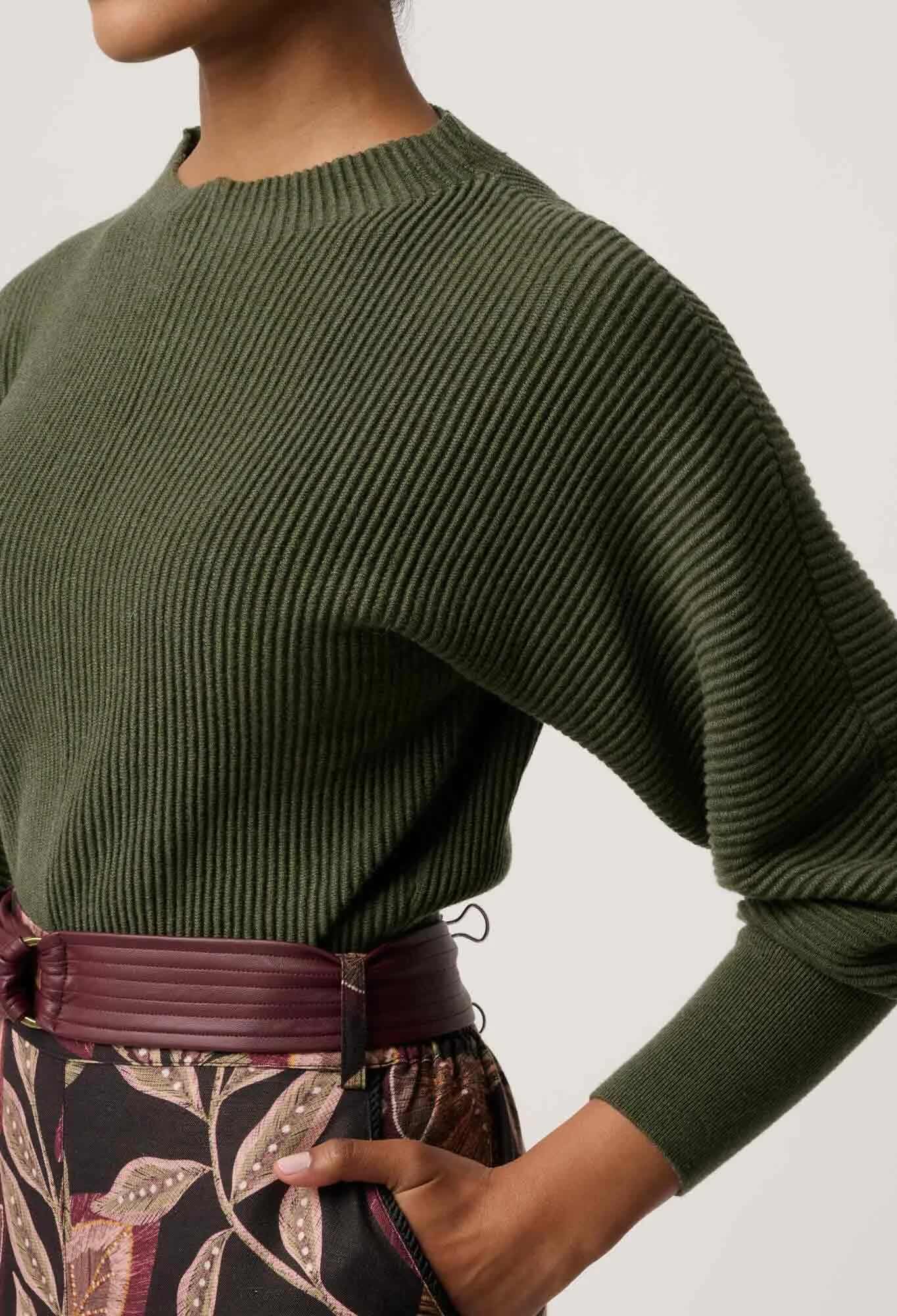 Roselle Merino wool Blend Ribbed Knit Top in Winter Moss