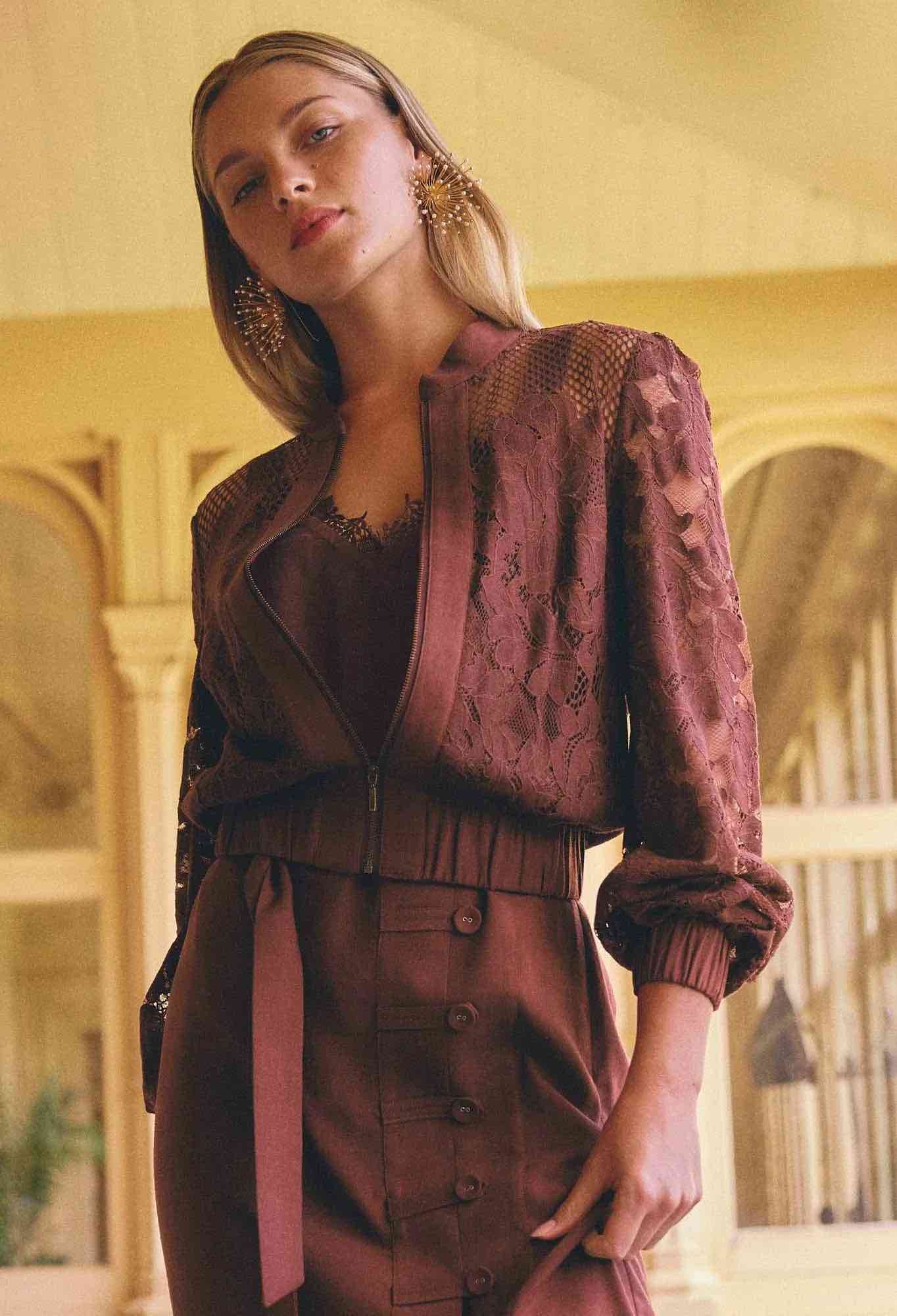 Solene Cotton Blend Placement Lace Bomber in Rosewood