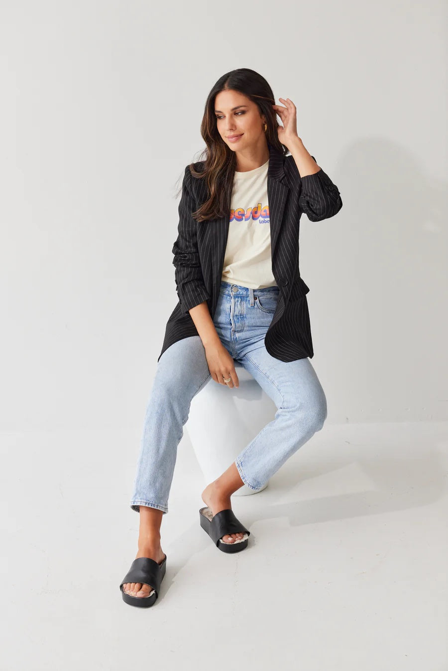Boyfriend Blazer-Black Pinstripe