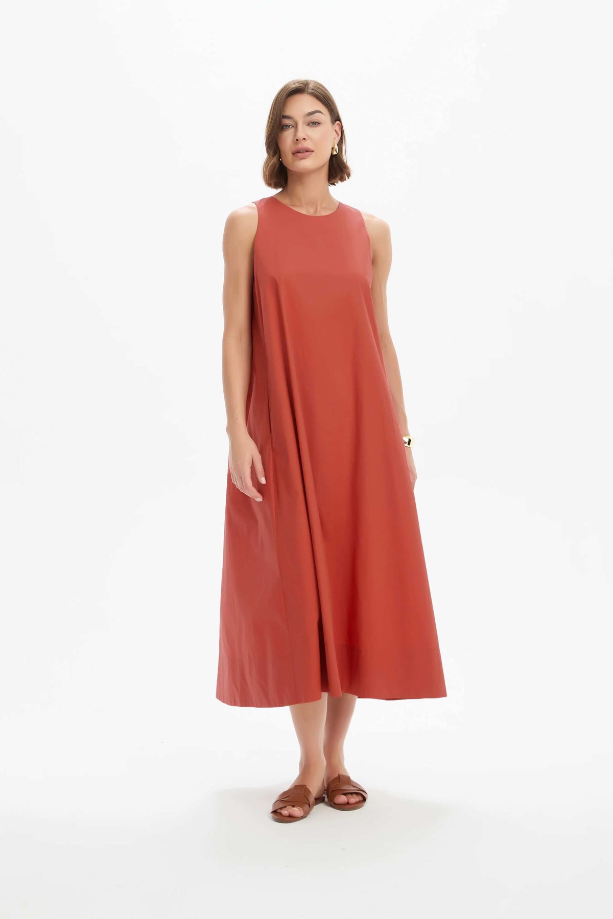 Elastic Detail A-Line Dress - Clay Red