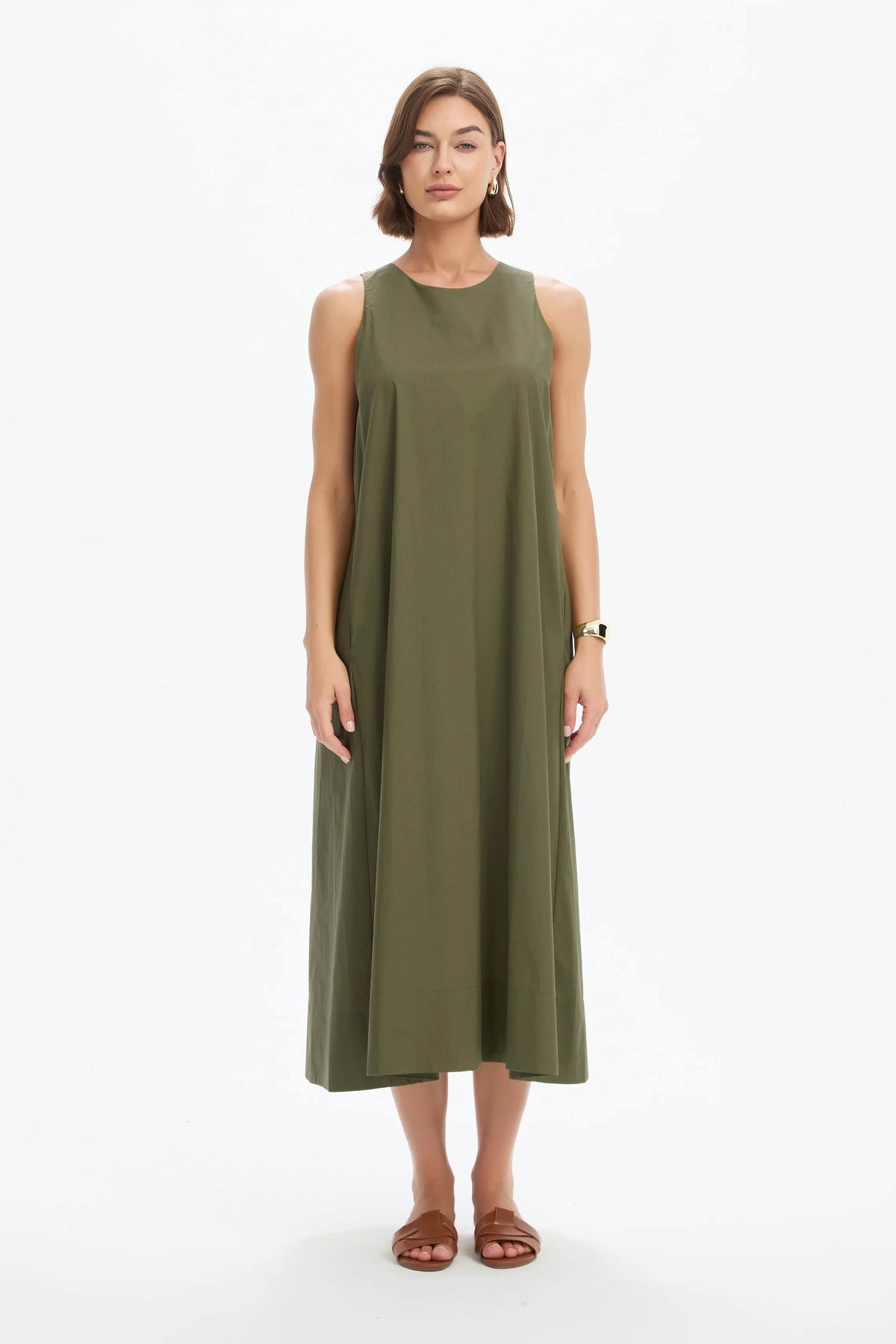 Elastic Detail A-Line Dress - Khaki