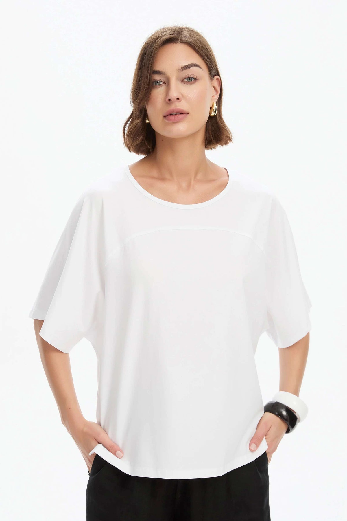 Wide Sleeve Yoke Tee - White