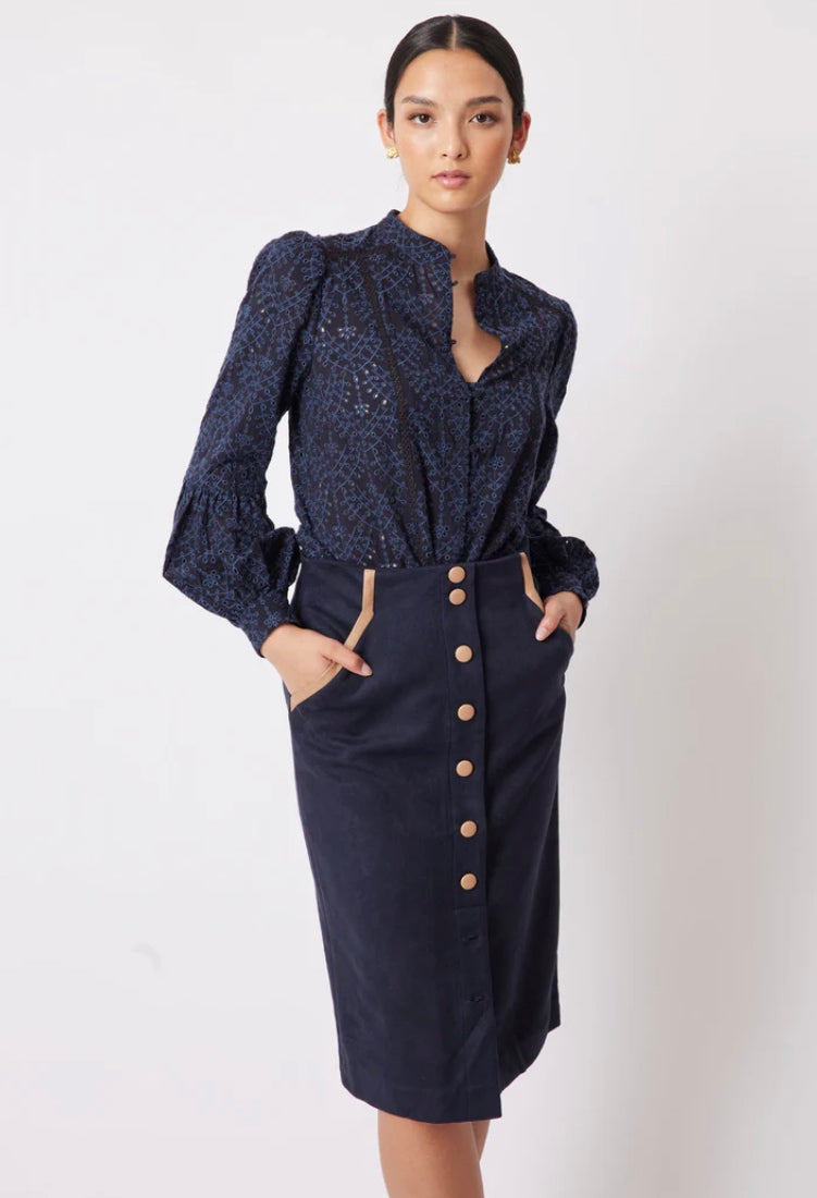 Once Was Eddie Faux Suede Skirt in Navy/Husk
