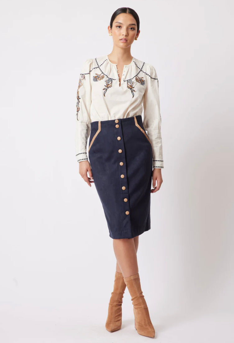 Once Was Eddie Faux Suede Skirt in Navy/Husk