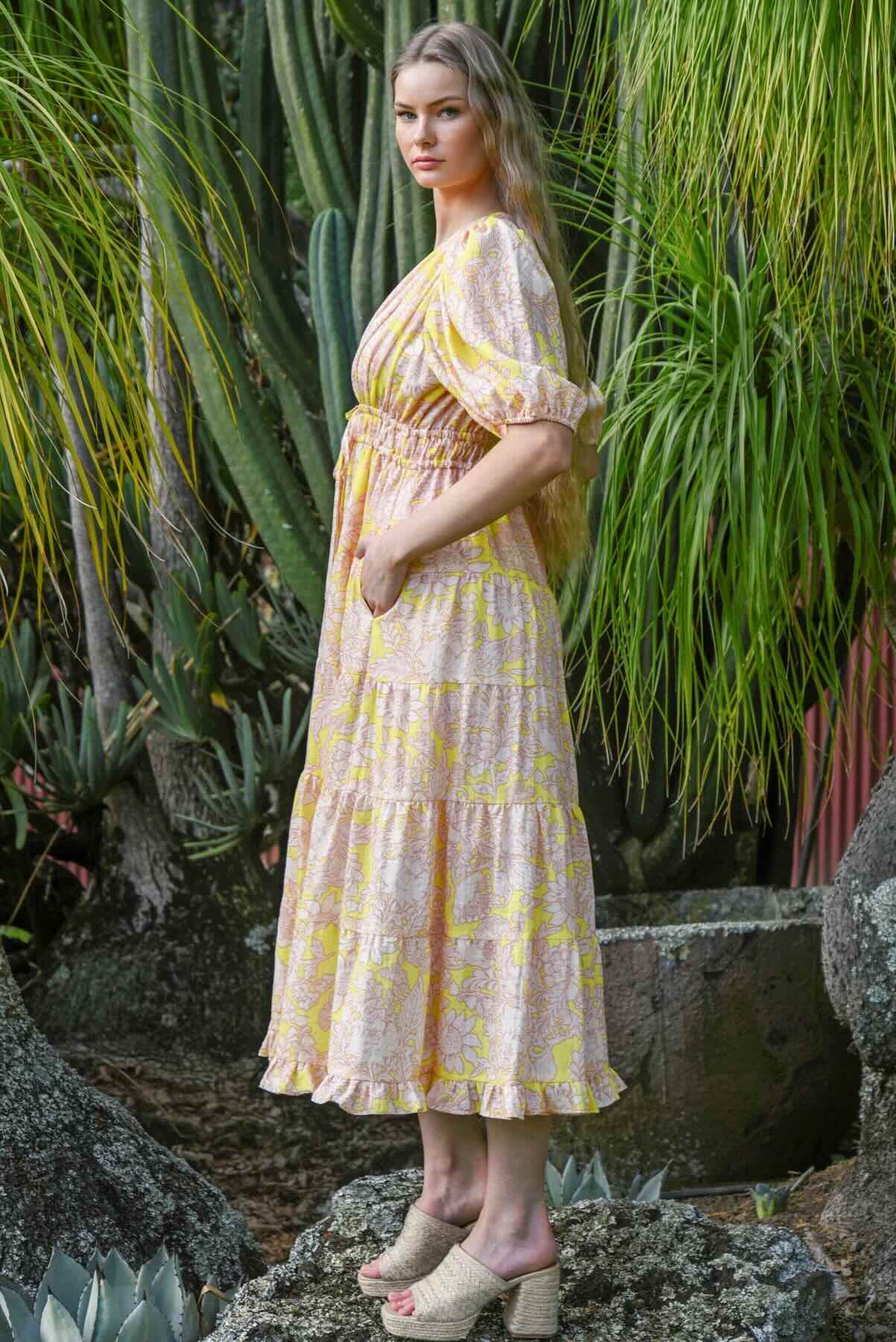 Ruche Around Dress - Blush & Yellow