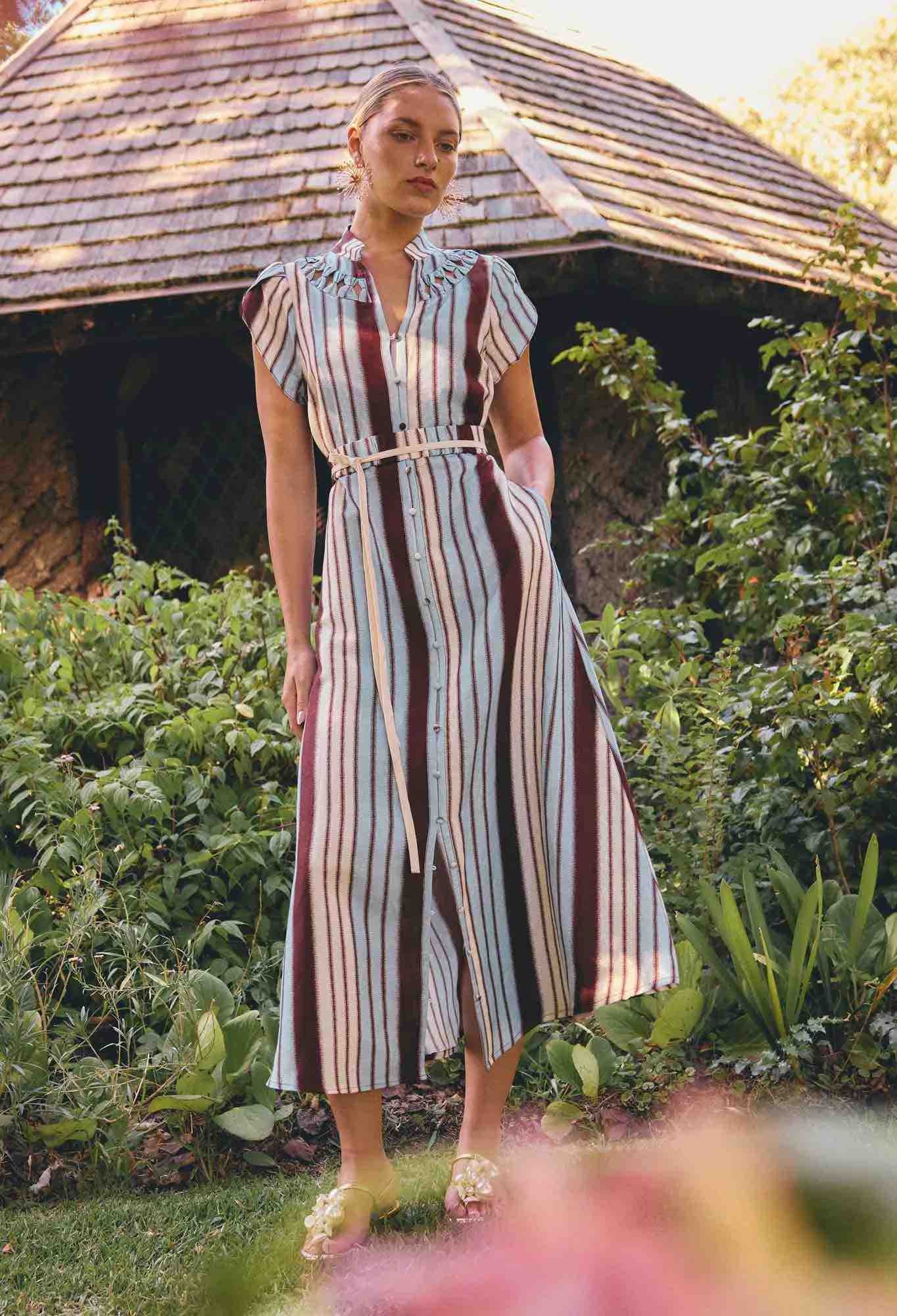 Cattleya Linen Viscose Smock Maxi Dress in Indescent Stripe