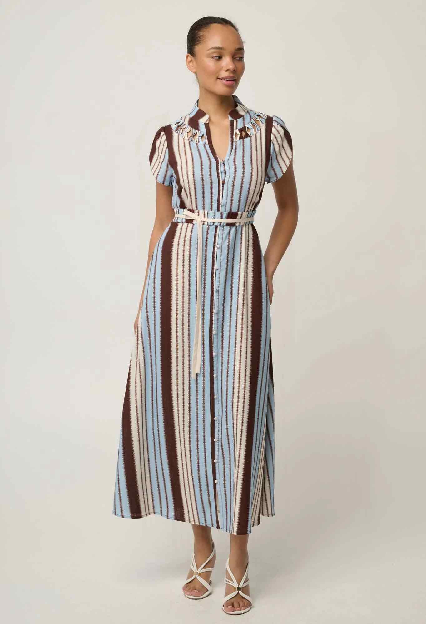 Cattleya Linen Viscose Smock Maxi Dress in Indescent Stripe