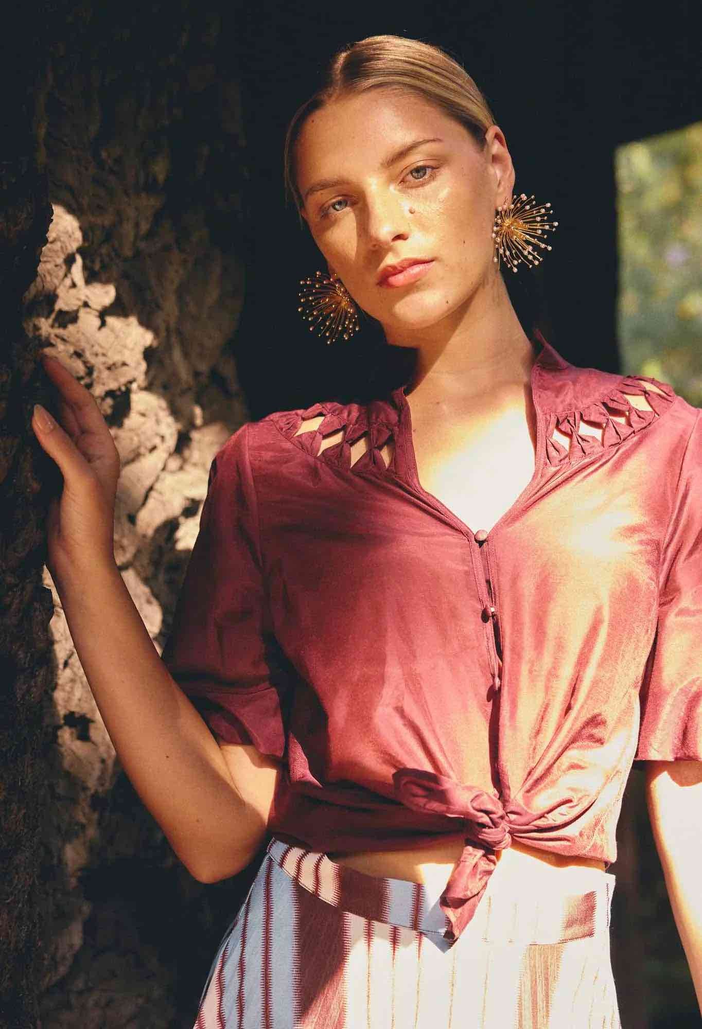 Coralie Cotton Silk Smock Blouse in Garnet