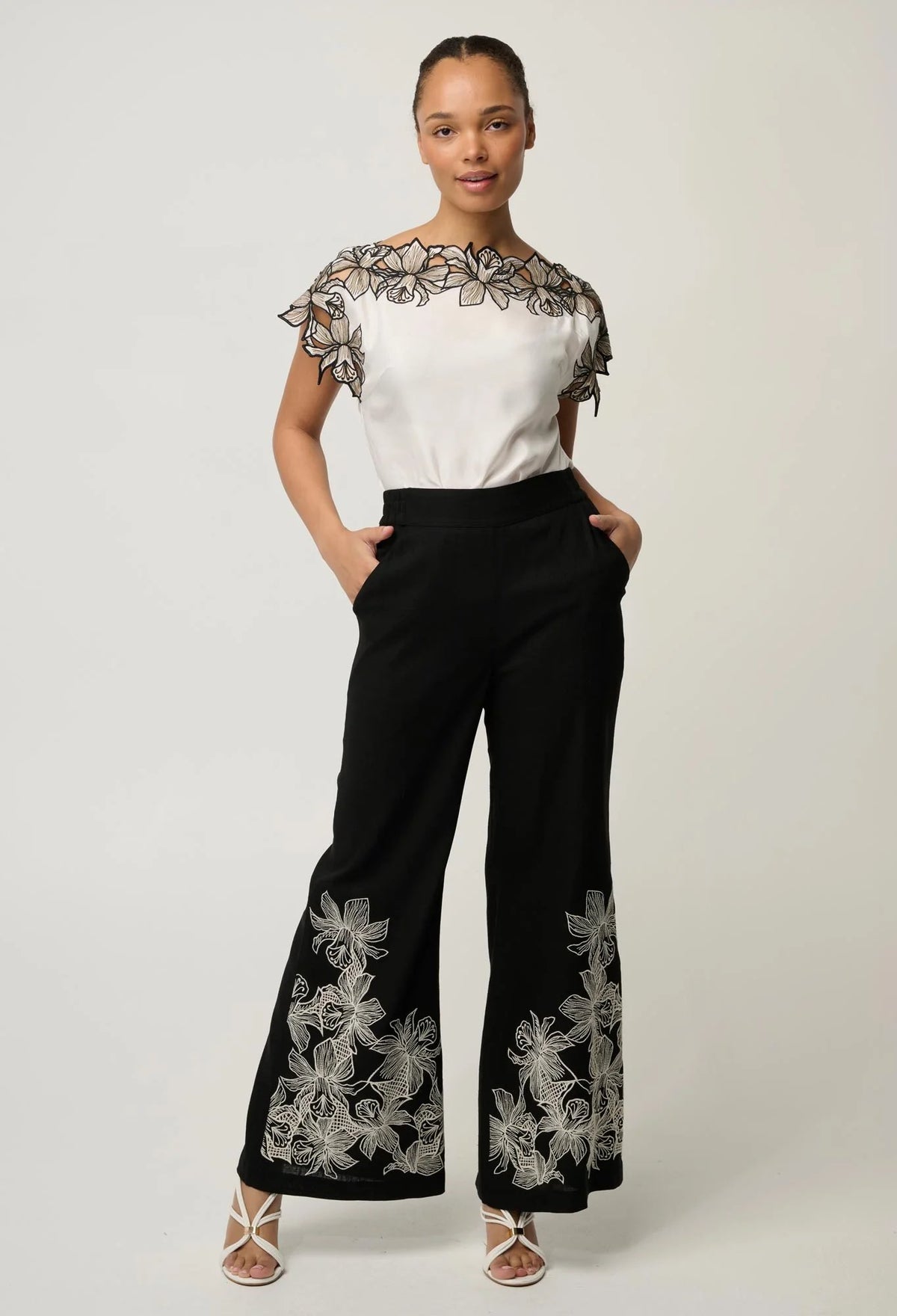 Eleanor Cupro Blend Embroidery Detail Wide Neck Top - Ivory